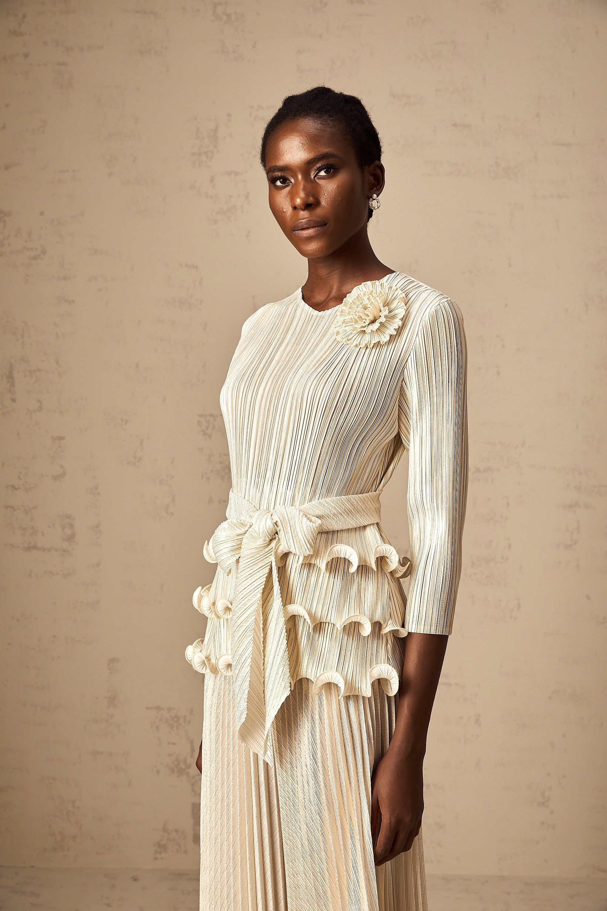 Cloris floral-appliqué ruffled pleated top & trousers (Final Sale)