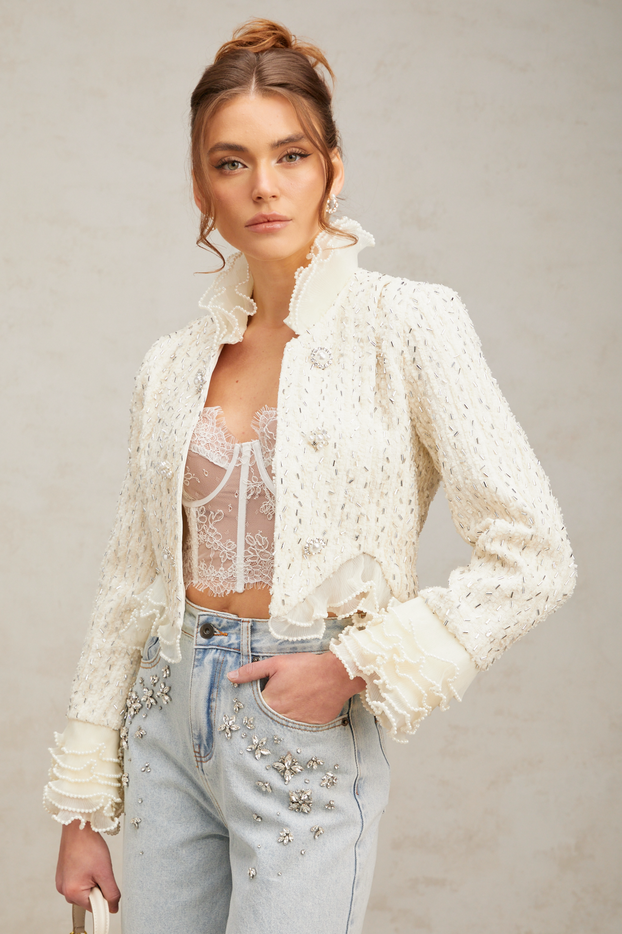 Blanche white beaded ruffle cropped jacket (Final Sale)