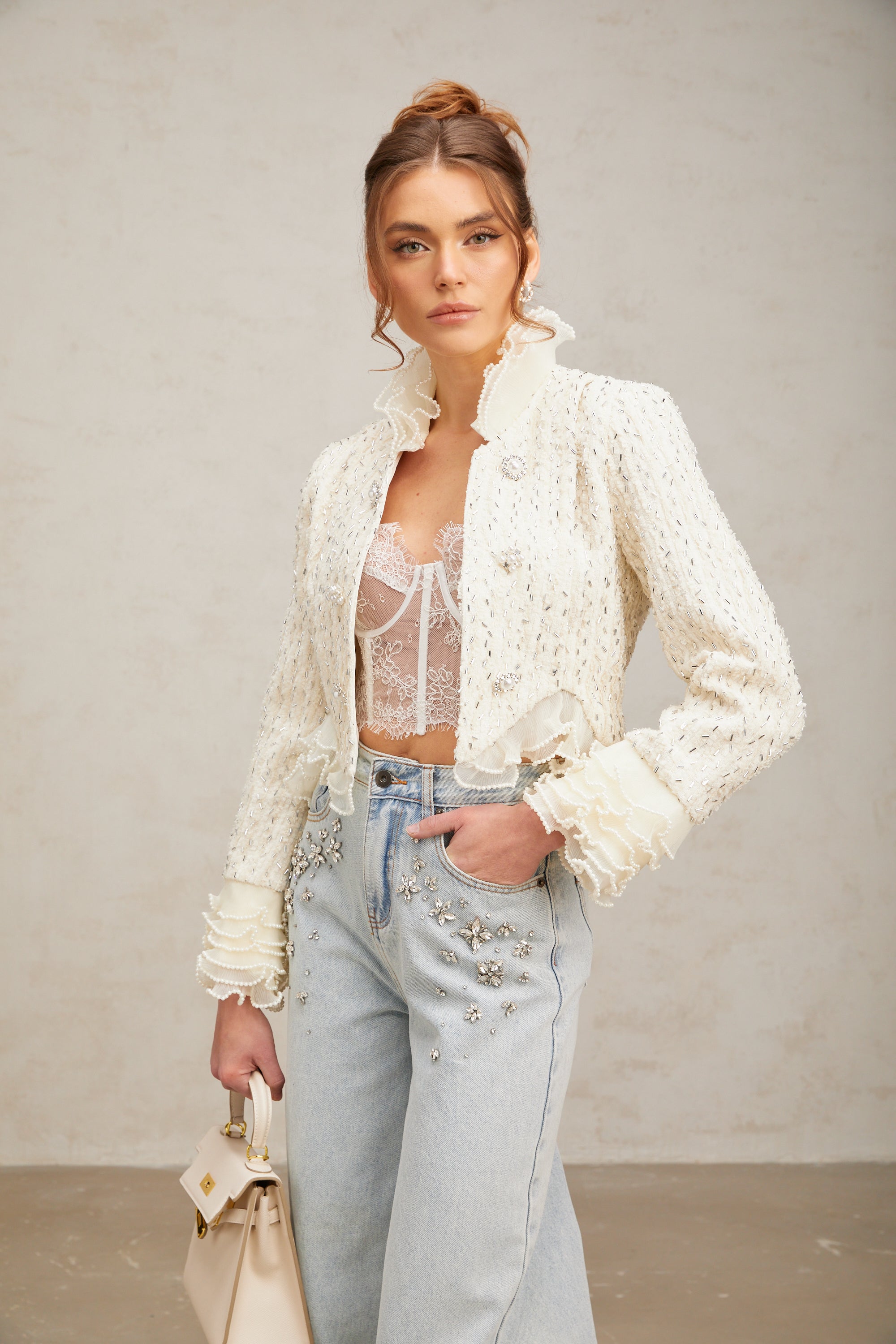 Blanche white beaded ruffle cropped jacket (Final Sale)