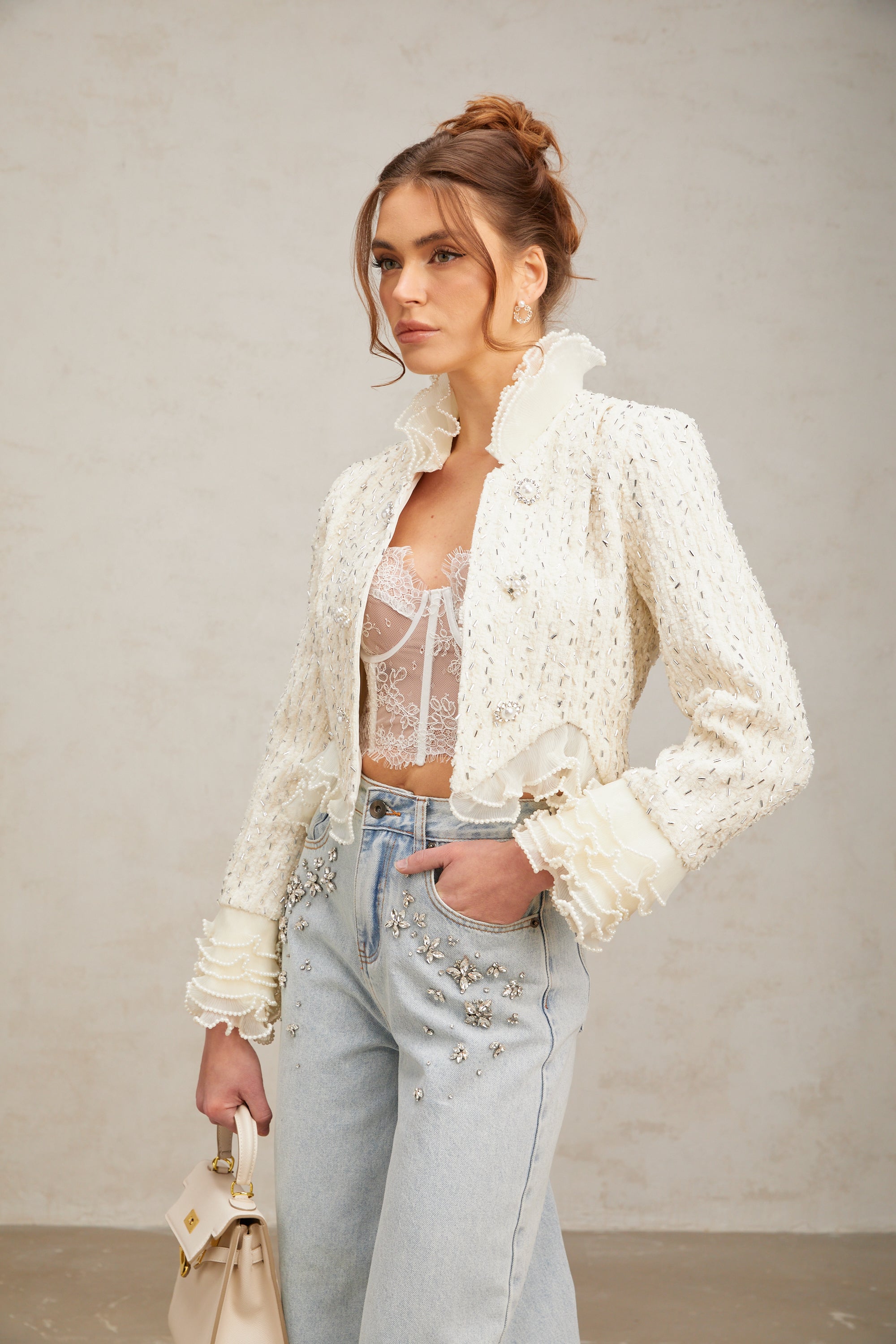 Blanche white beaded ruffle cropped jacket (Final Sale)
