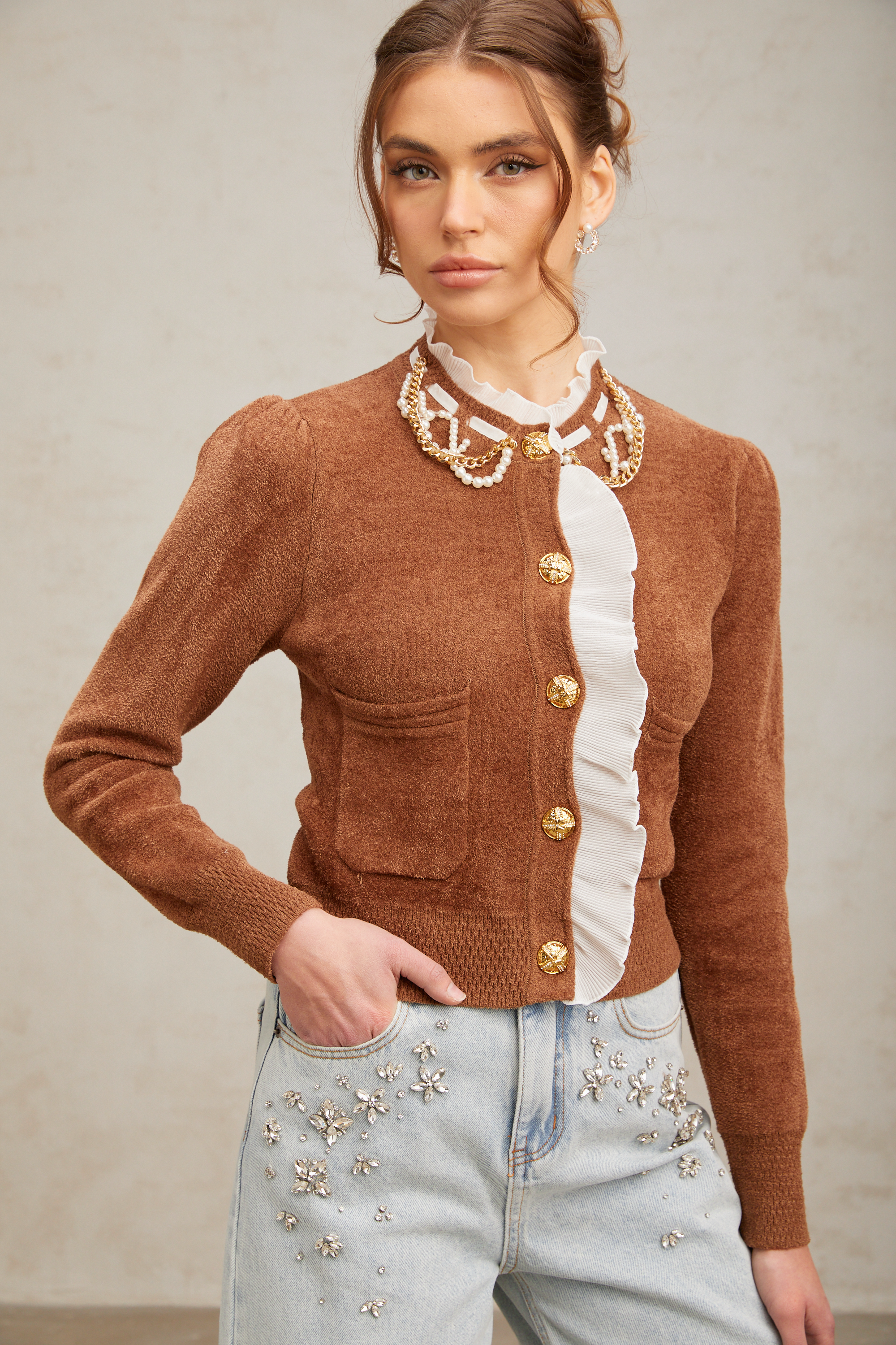 Cardigan en maille à volants décorés Elisabetta, couleur marron