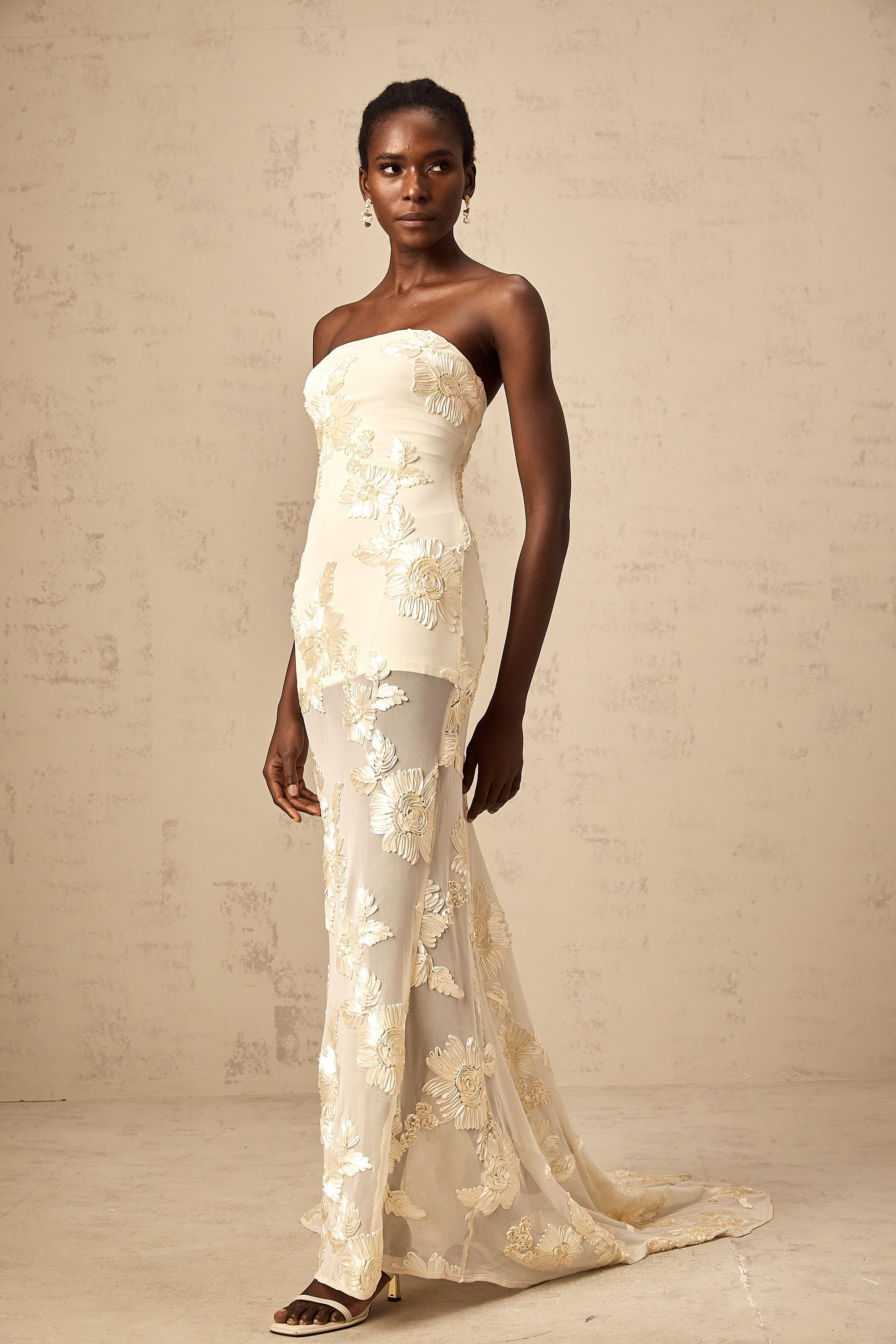Melanie neutrals embroidered off-shoulder maxi dress (Final Sale)