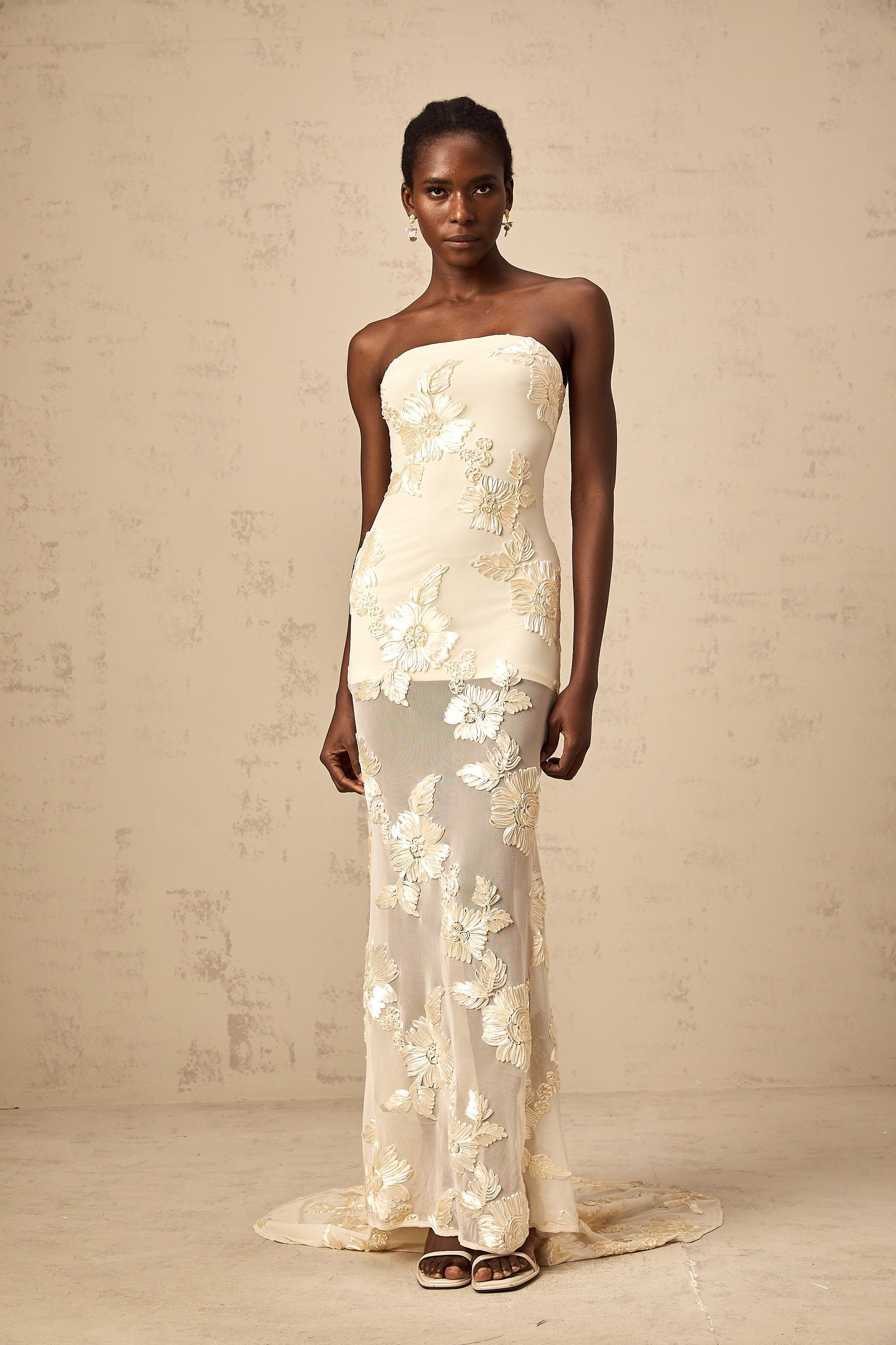 Melanie neutrals embroidered off-shoulder maxi dress (Final Sale)
