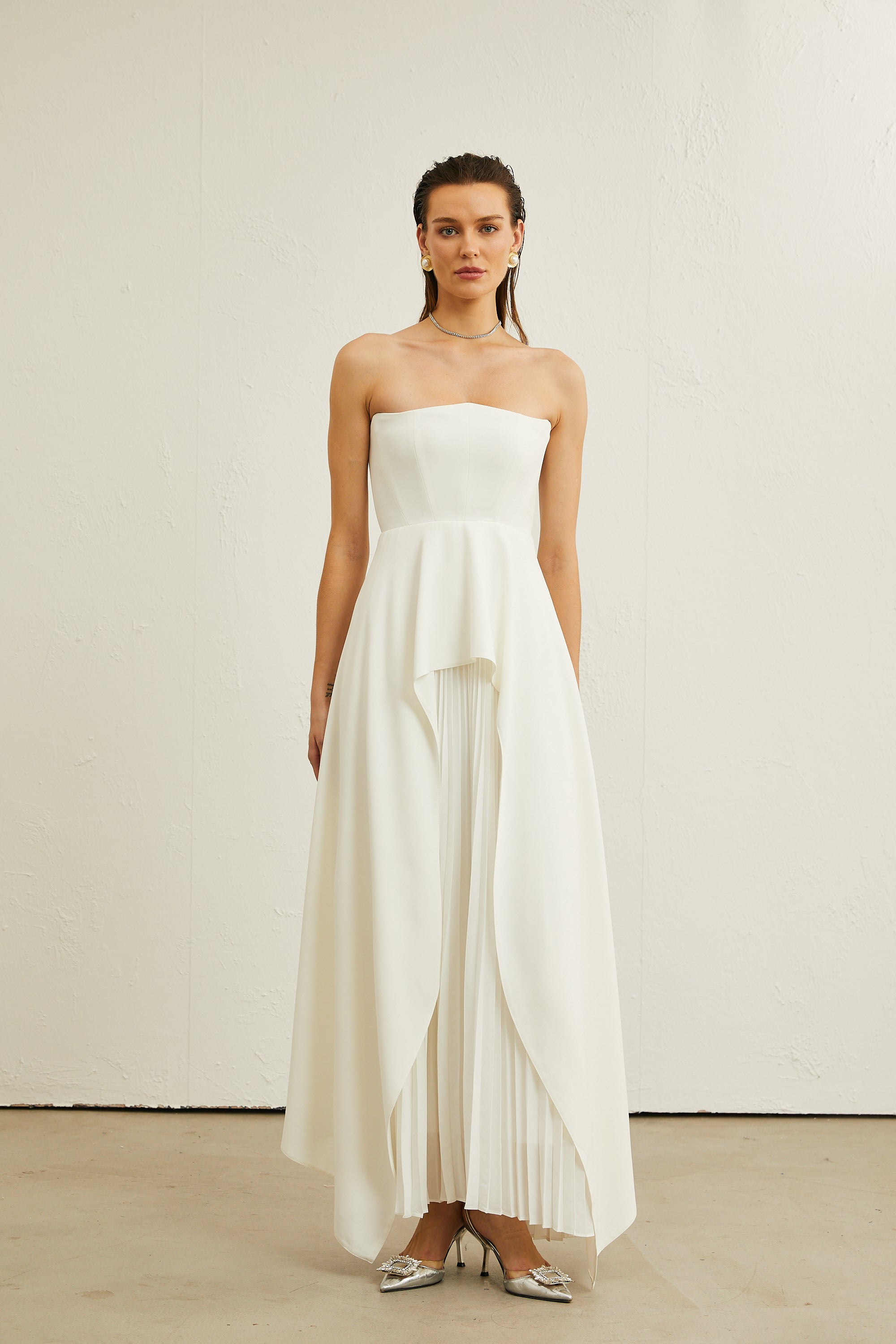 Vanessa white pleated off-shoulder maxi dress（Final Sale）