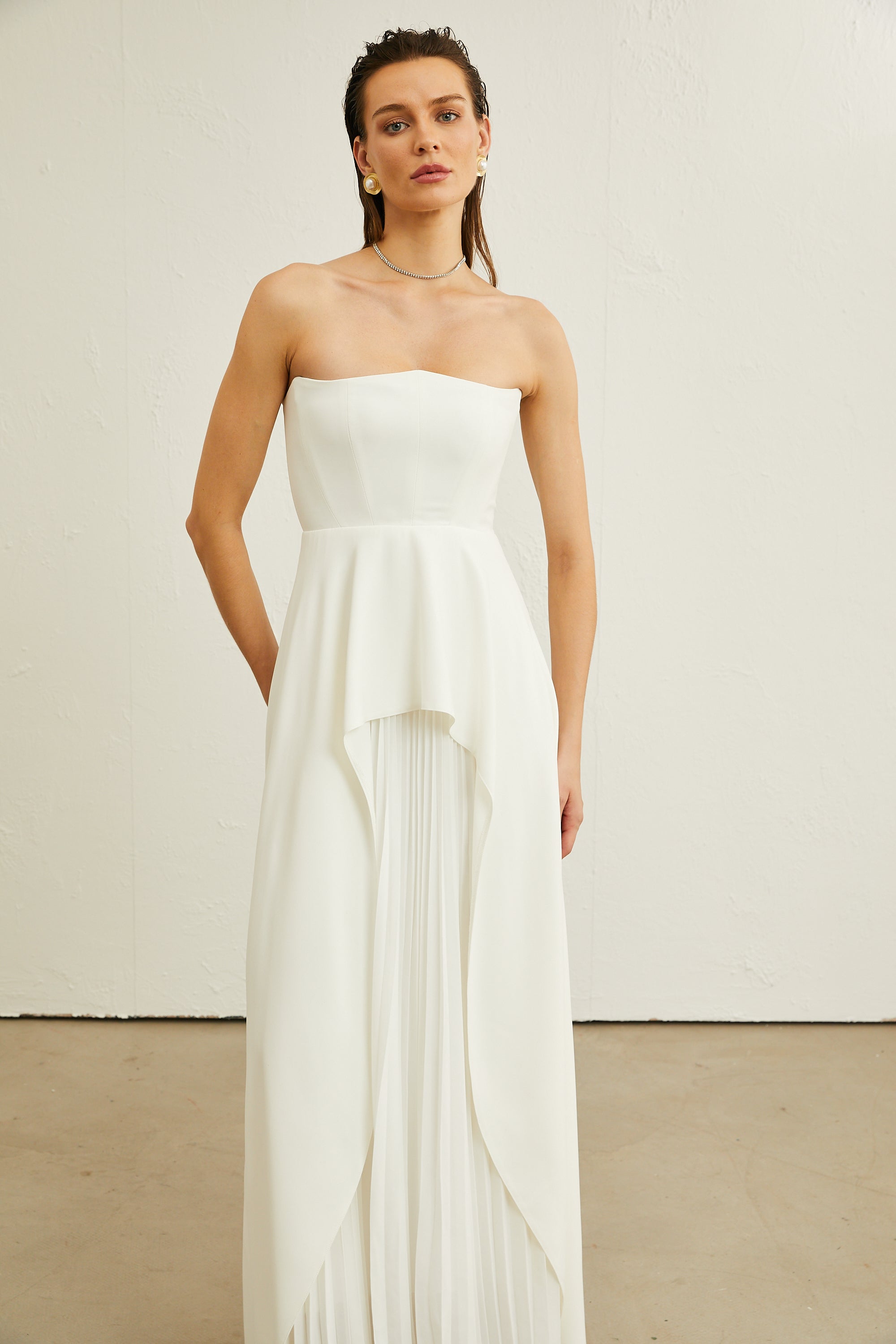 Vanessa white pleated off-shoulder maxi dress（Final Sale）
