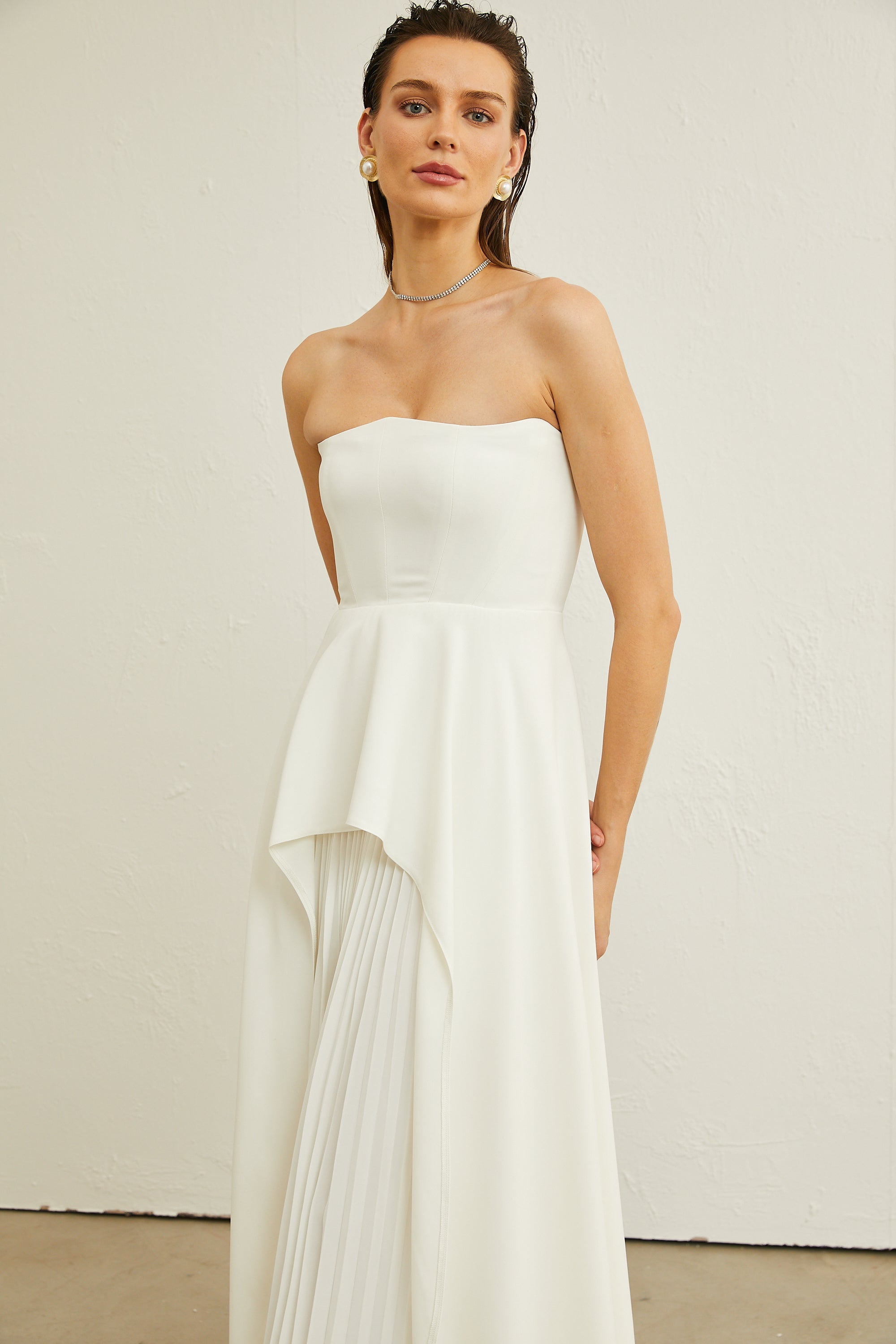 Vanessa white pleated off-shoulder maxi dress（Final Sale）