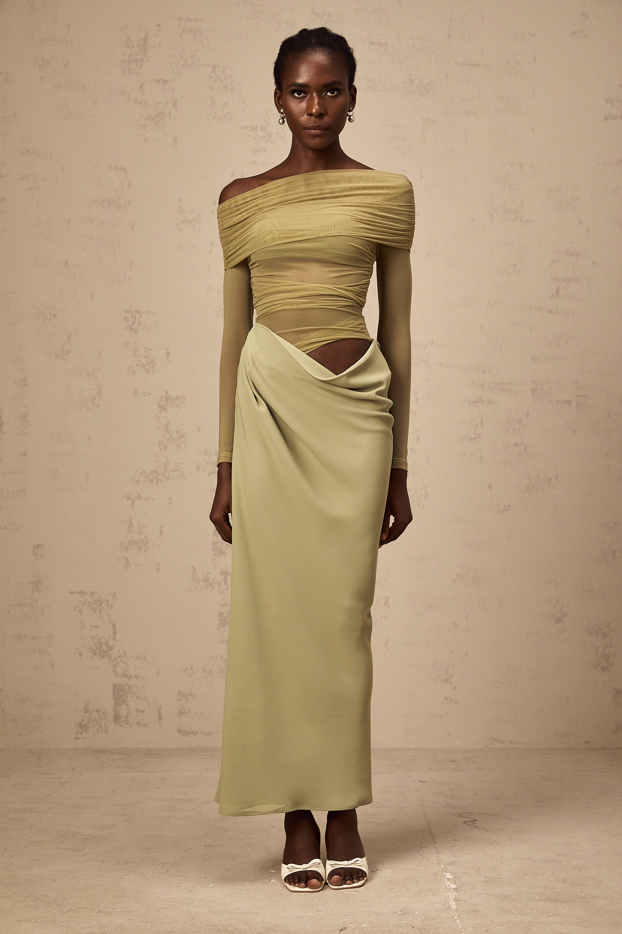 Estelle off-shoulder semi-sheer midi dress in Green (Final Sale)