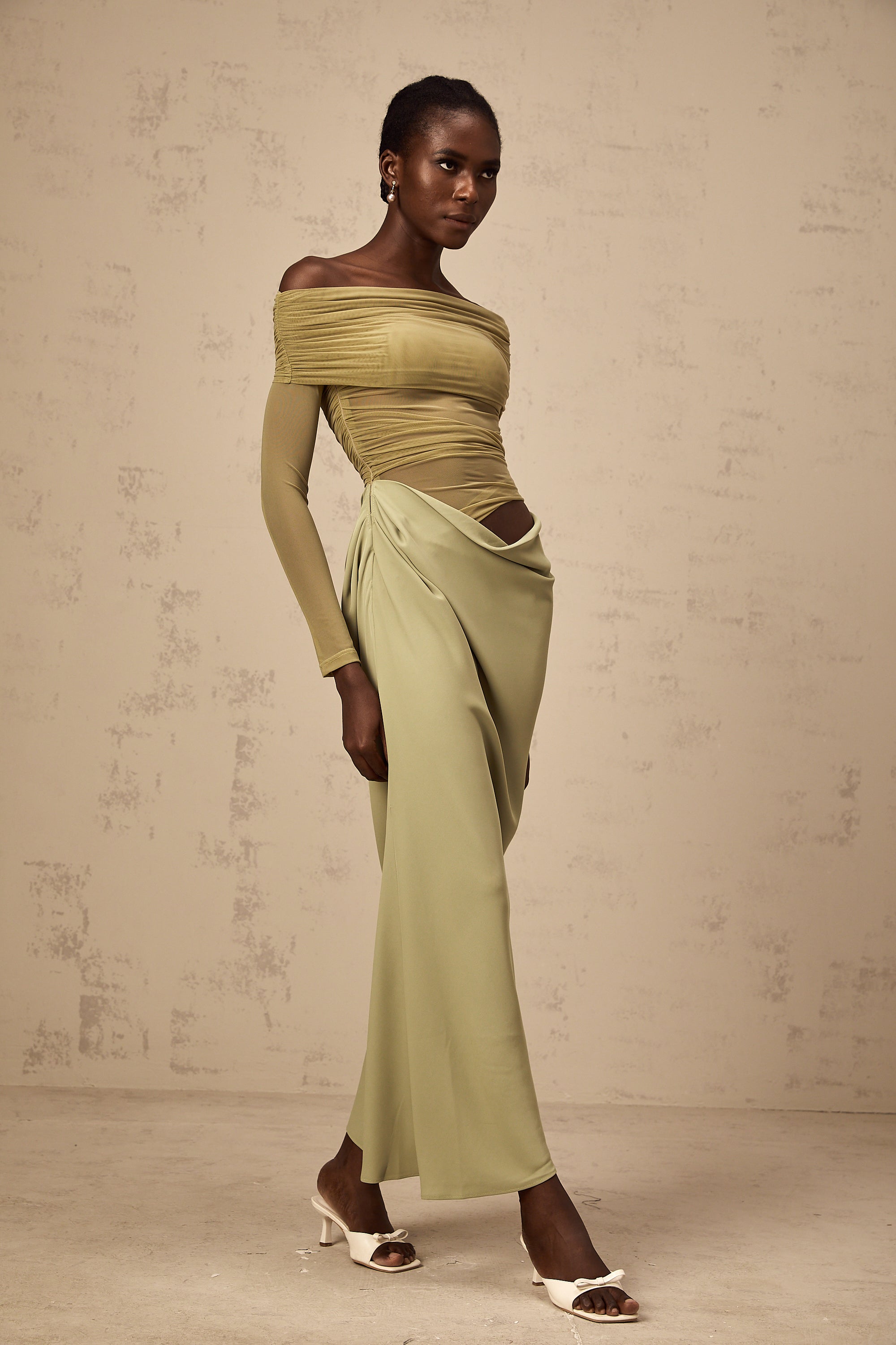 Estelle off-shoulder semi-sheer midi dress in Green (Final Sale)