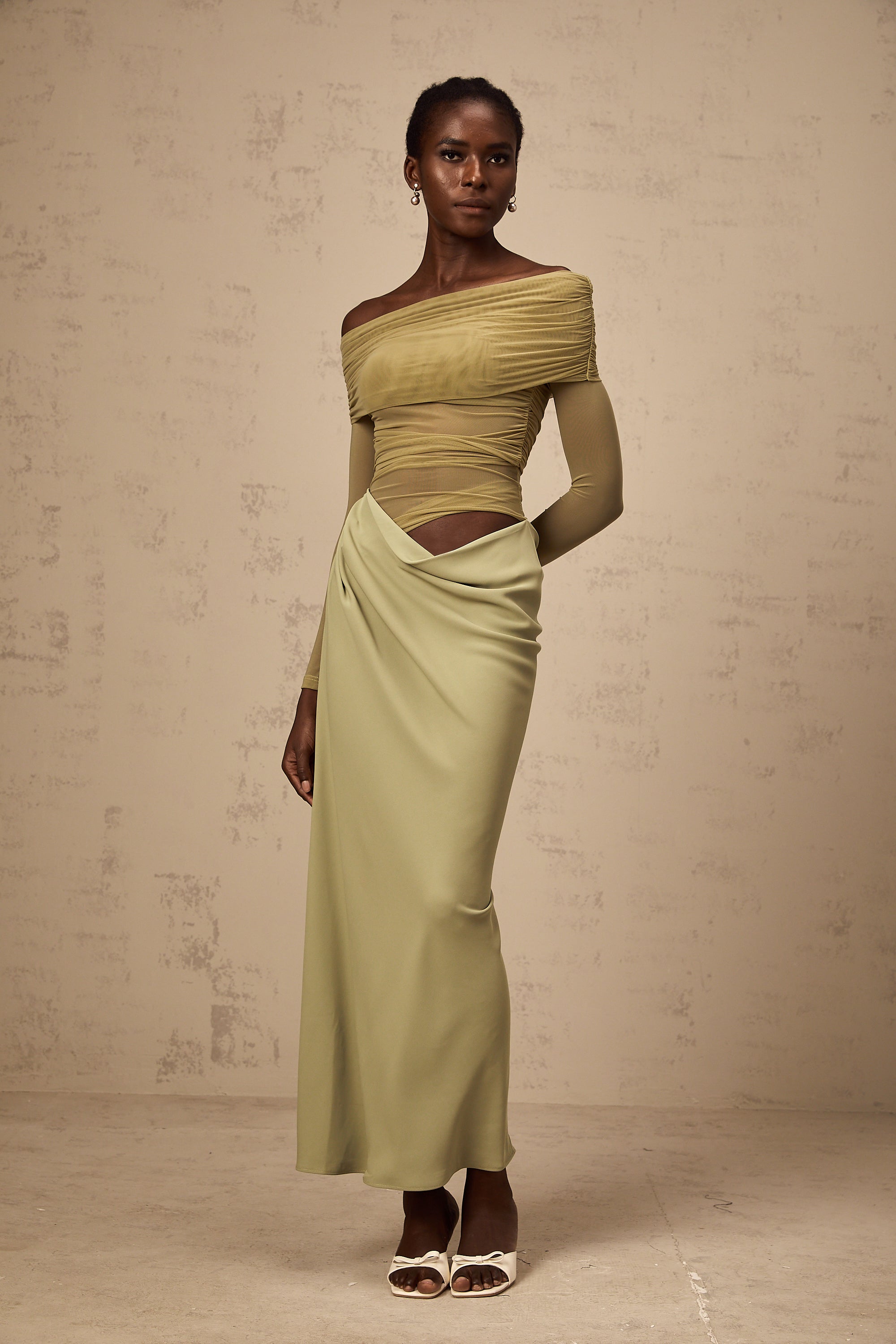 Estelle off-shoulder semi-sheer midi dress in Green (Final Sale)