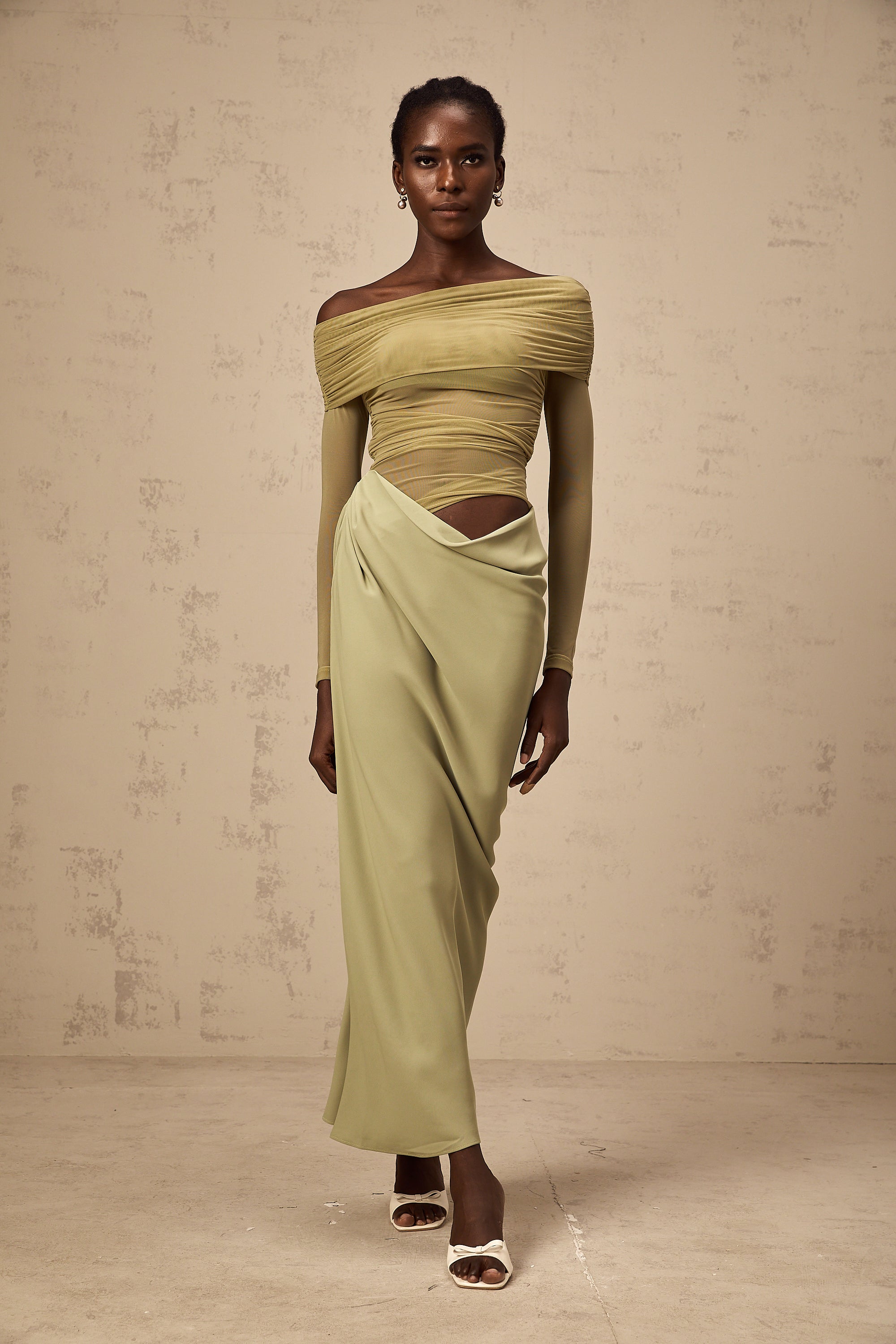 Estelle off-shoulder semi-sheer midi dress in Green (Final Sale)