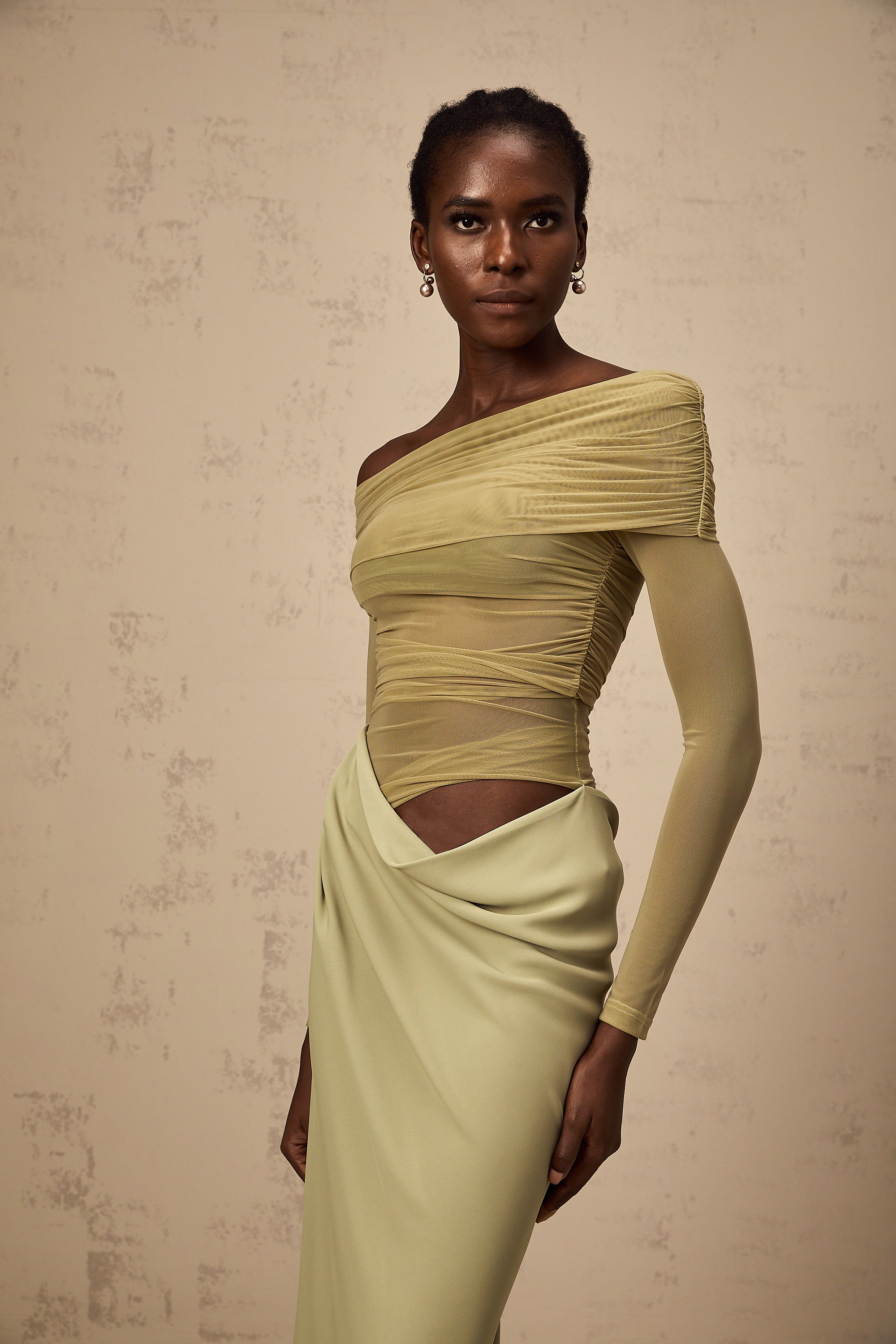 Estelle off-shoulder semi-sheer midi dress in Green (Final Sale)