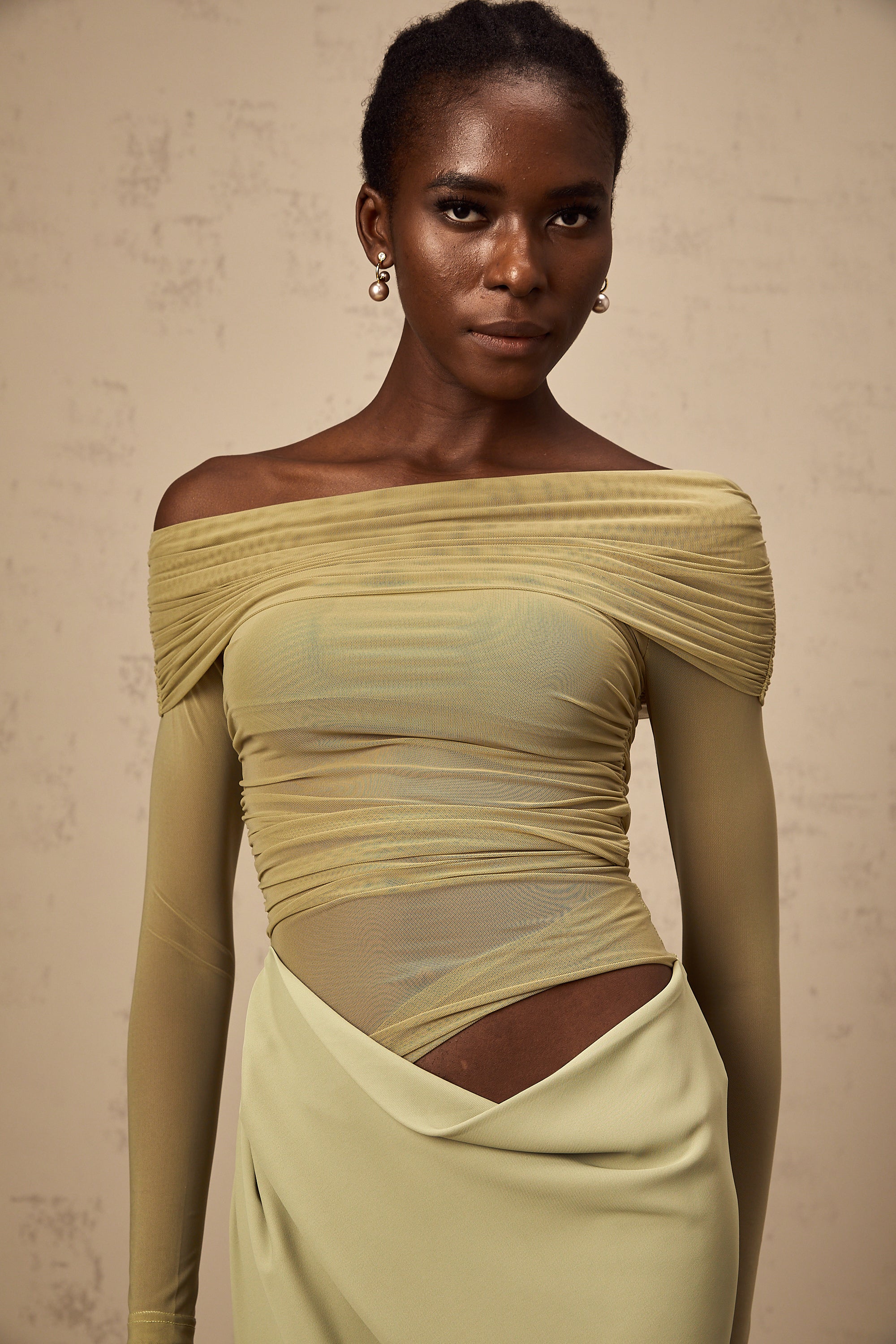 Estelle off-shoulder semi-sheer midi dress in Green (Final Sale)