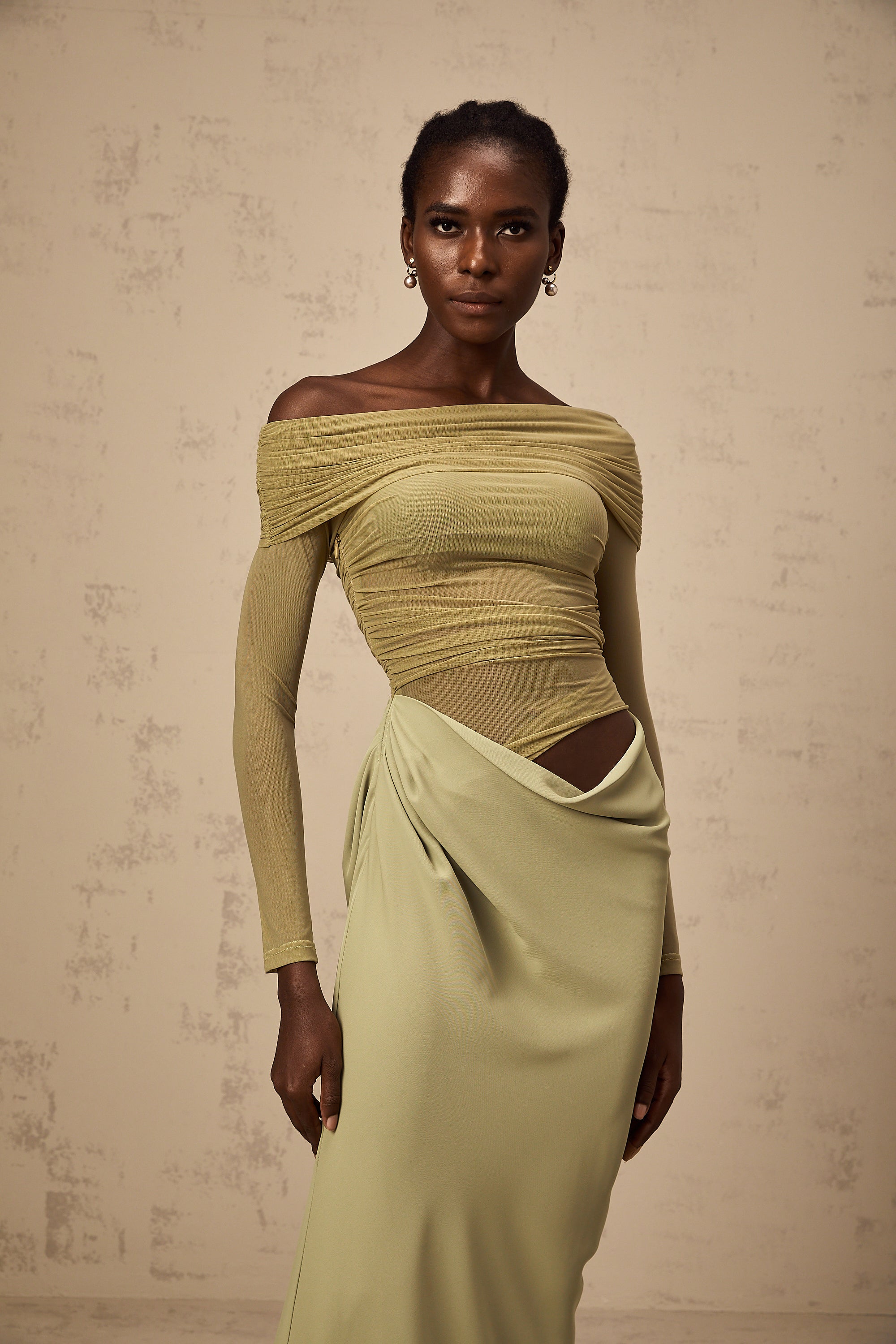 Estelle off-shoulder semi-sheer midi dress in Green (Final Sale-US Only)
