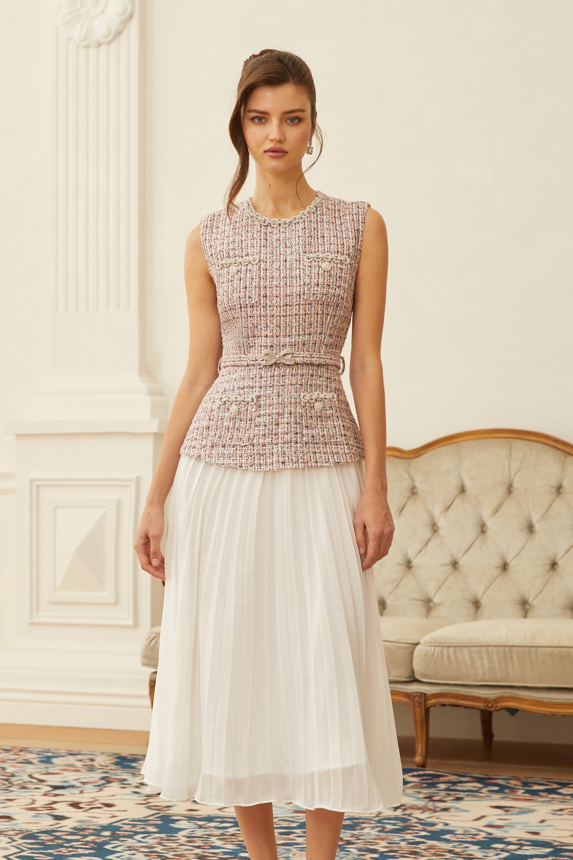 Lola Pink Embellished Tweed Panel Midi Dress (Final Sale-US Only)