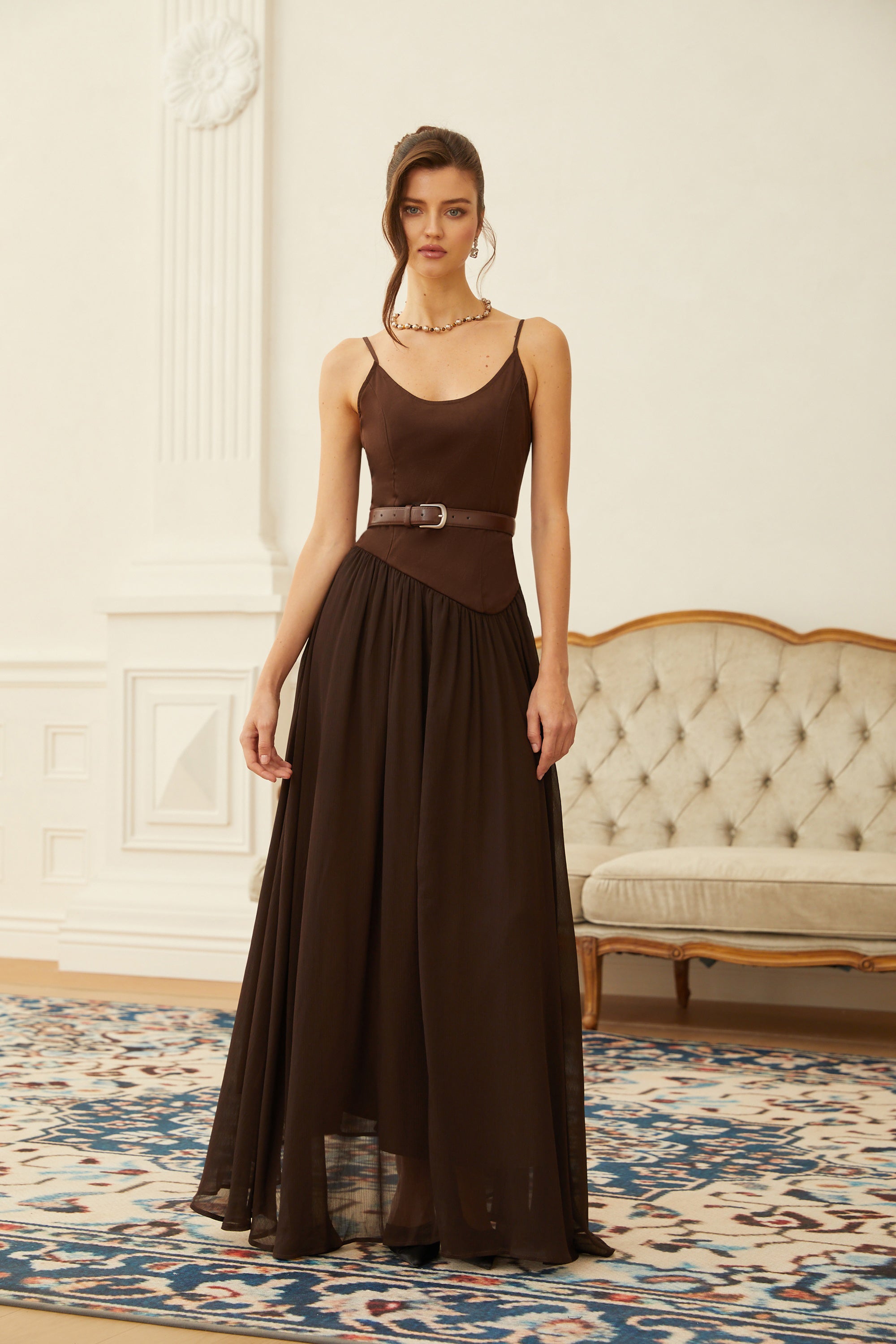 Hedda Brown Chiffon Panel Suede Maxi Dress (Final Sale-US Only)