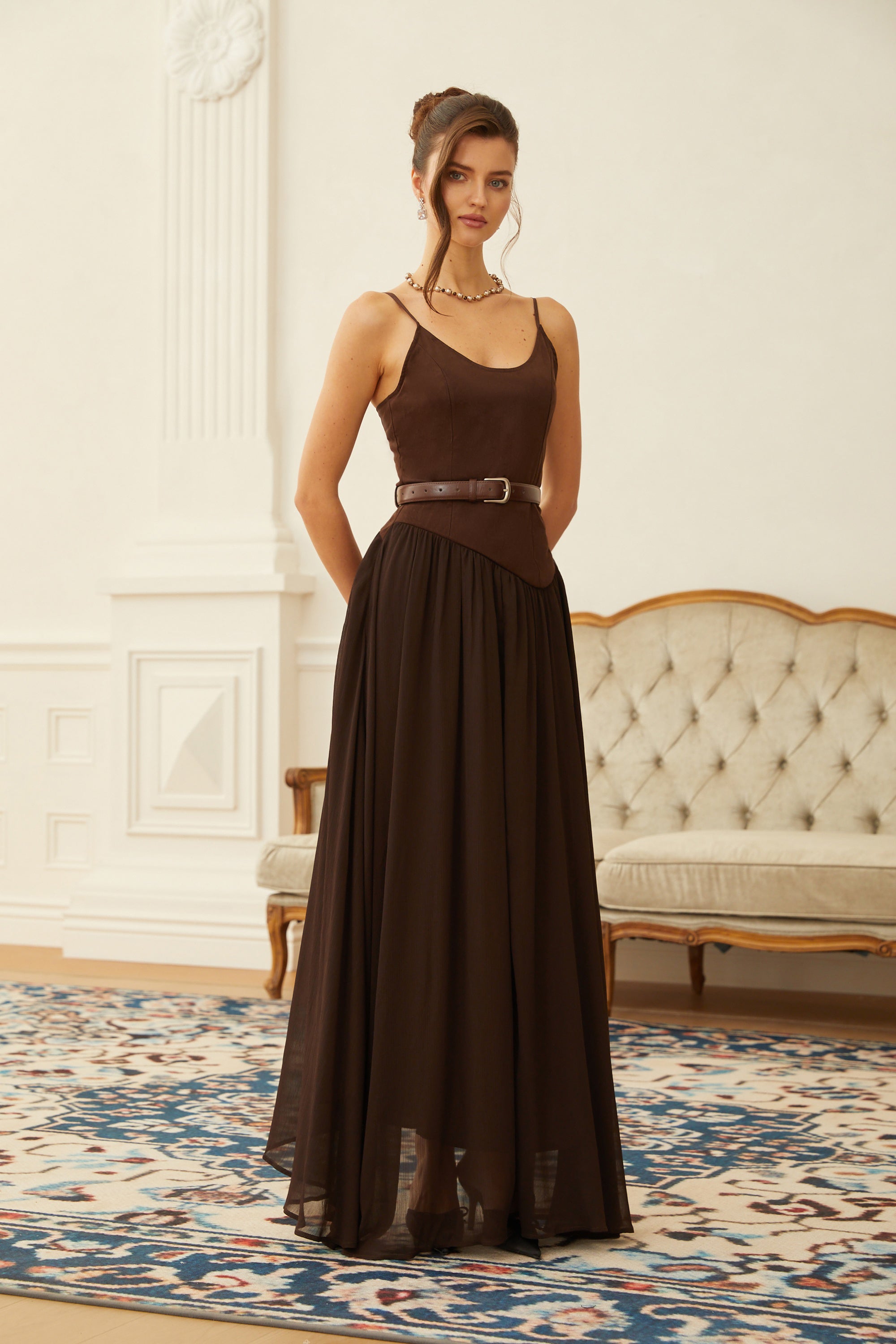 Hedda Brown Chiffon Panel Suede Maxi Dress (Final Sale-US Only)