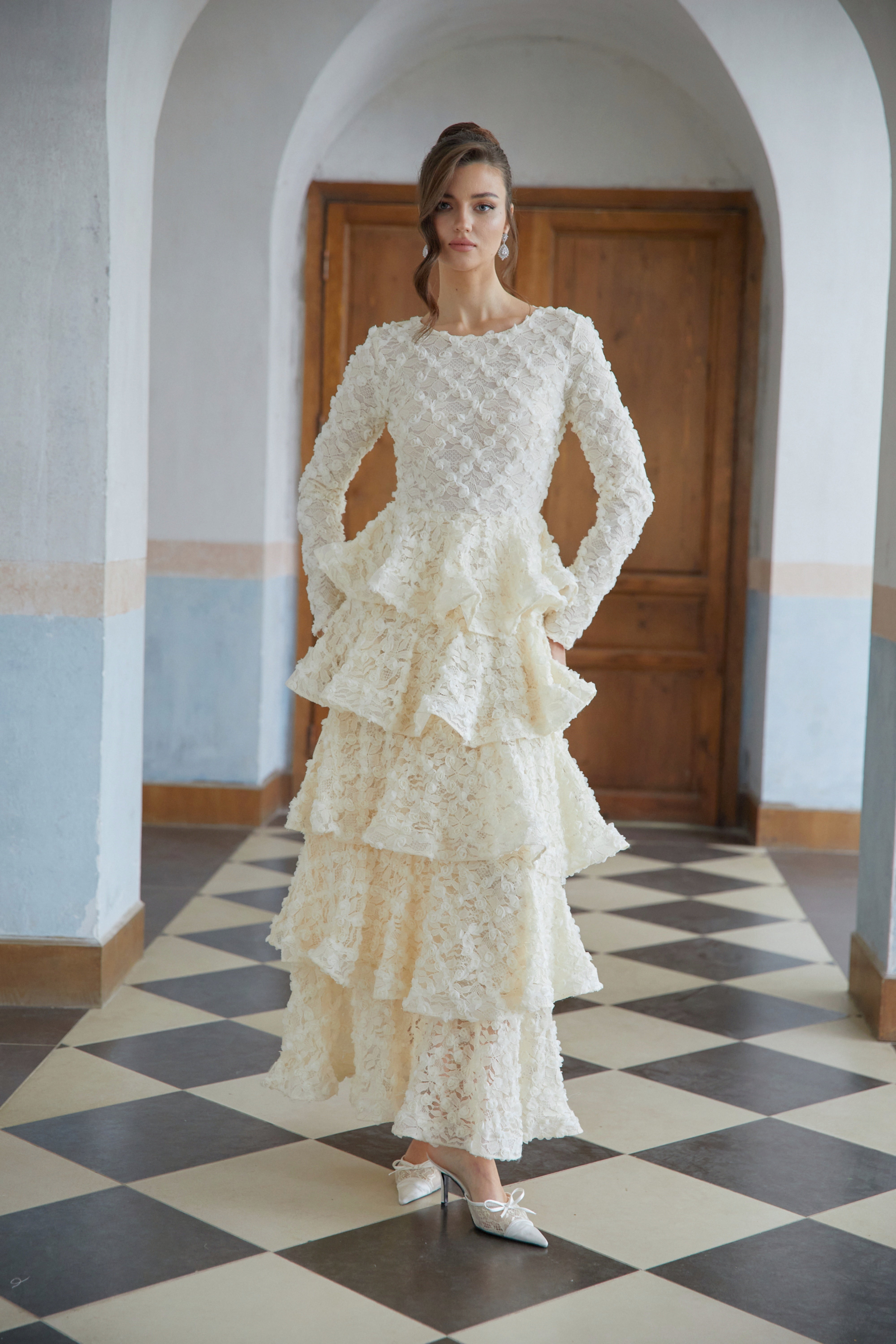 Halla Neutral Tiered Floral Lace Maxi Dress (Final Sale)