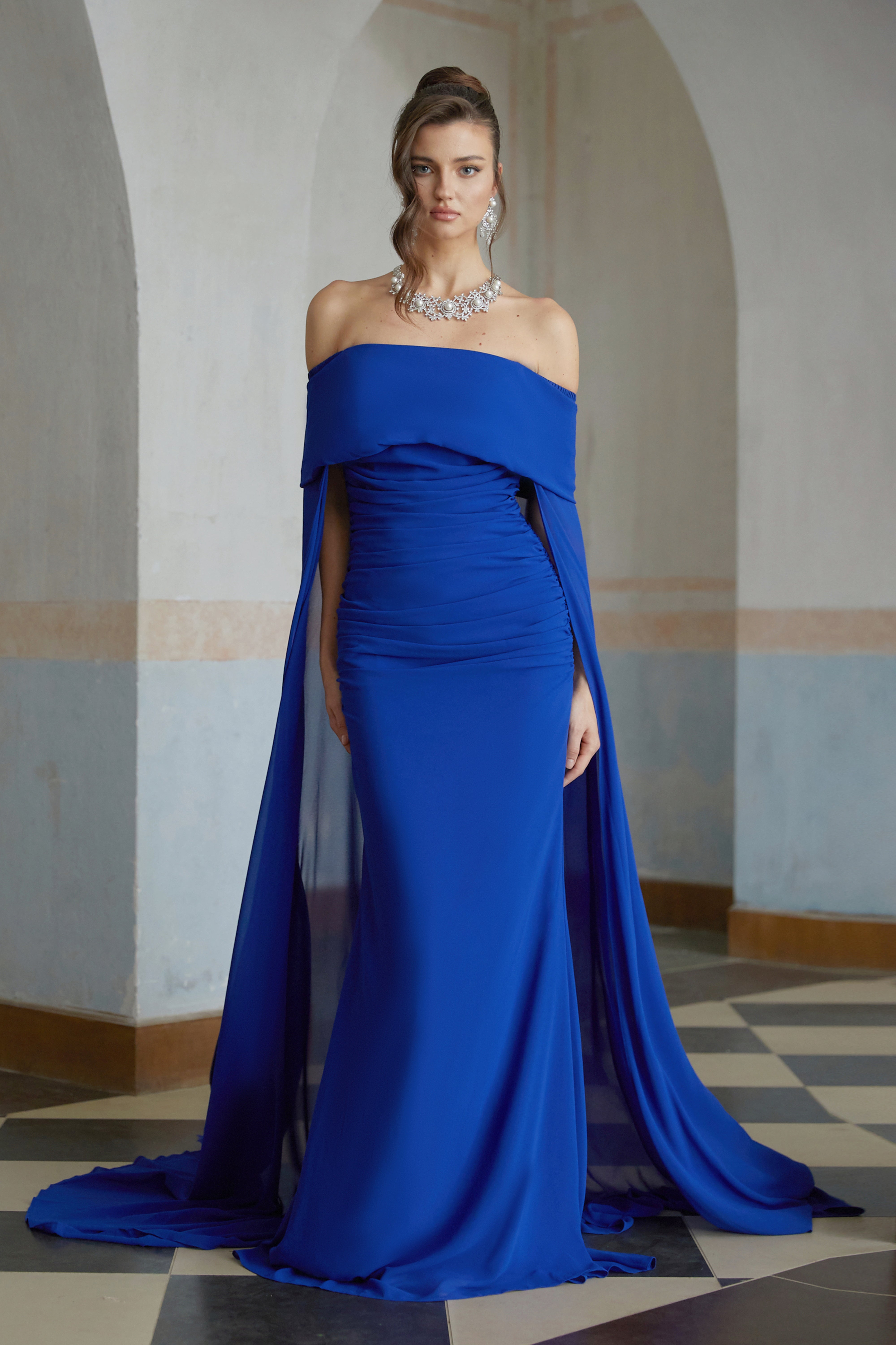 Jovie Blue Cape Design Ruched Maxi Gown (Final Sale)