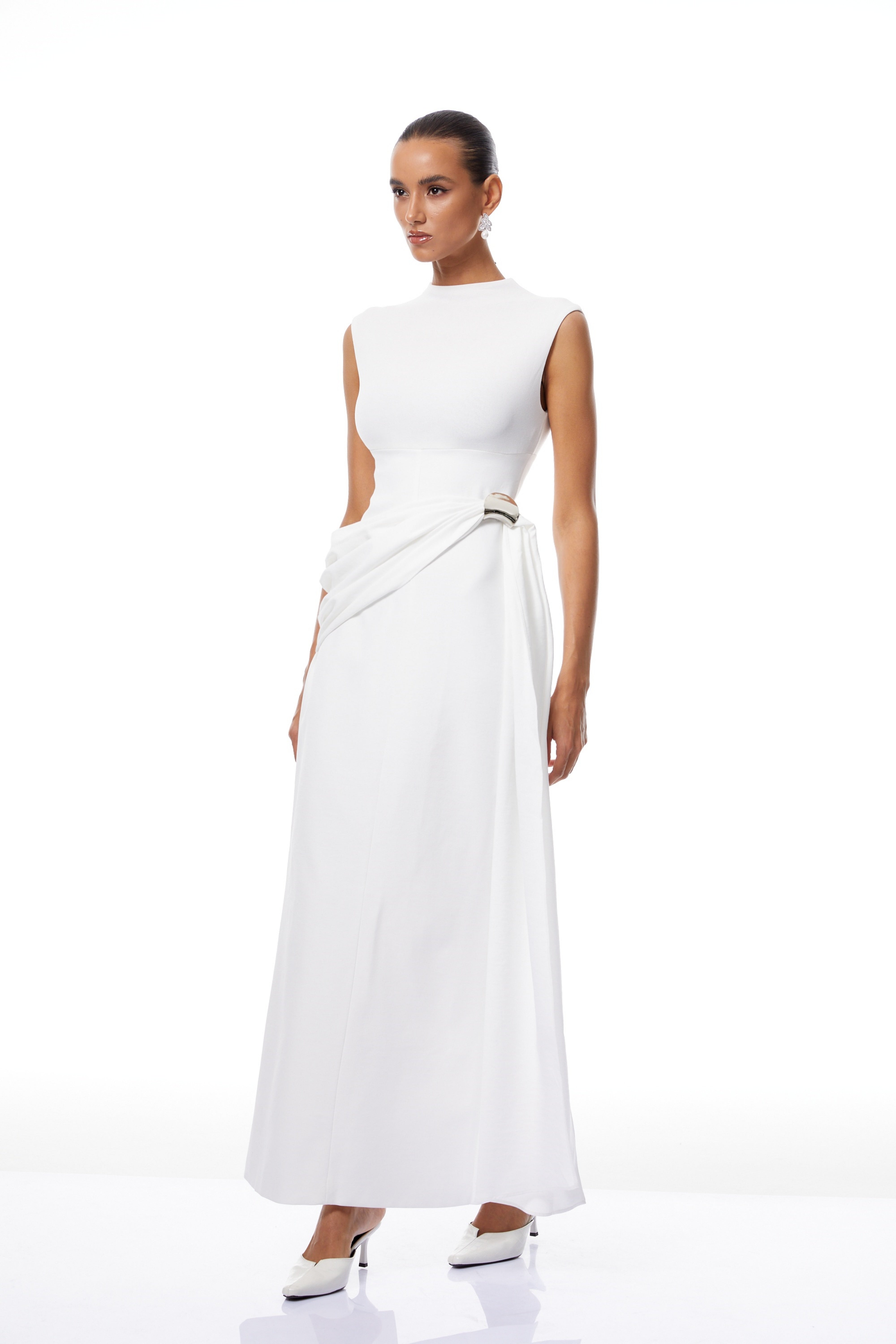 Arna White Knit Panel Gathered Maxi Dress (Final Sale)