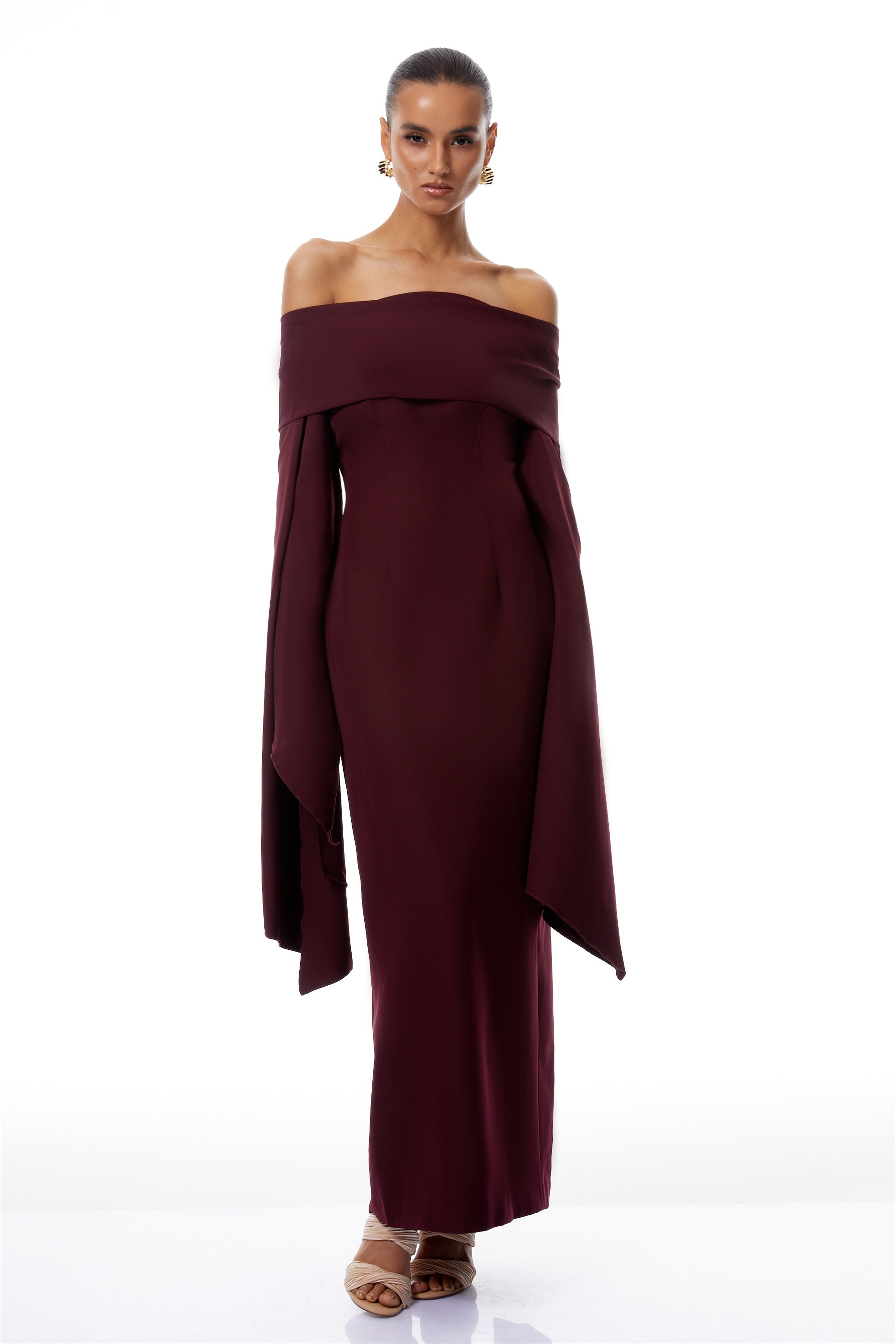Robe longue à épaules dénudées Dorotea Burgundy (Vente définitive)