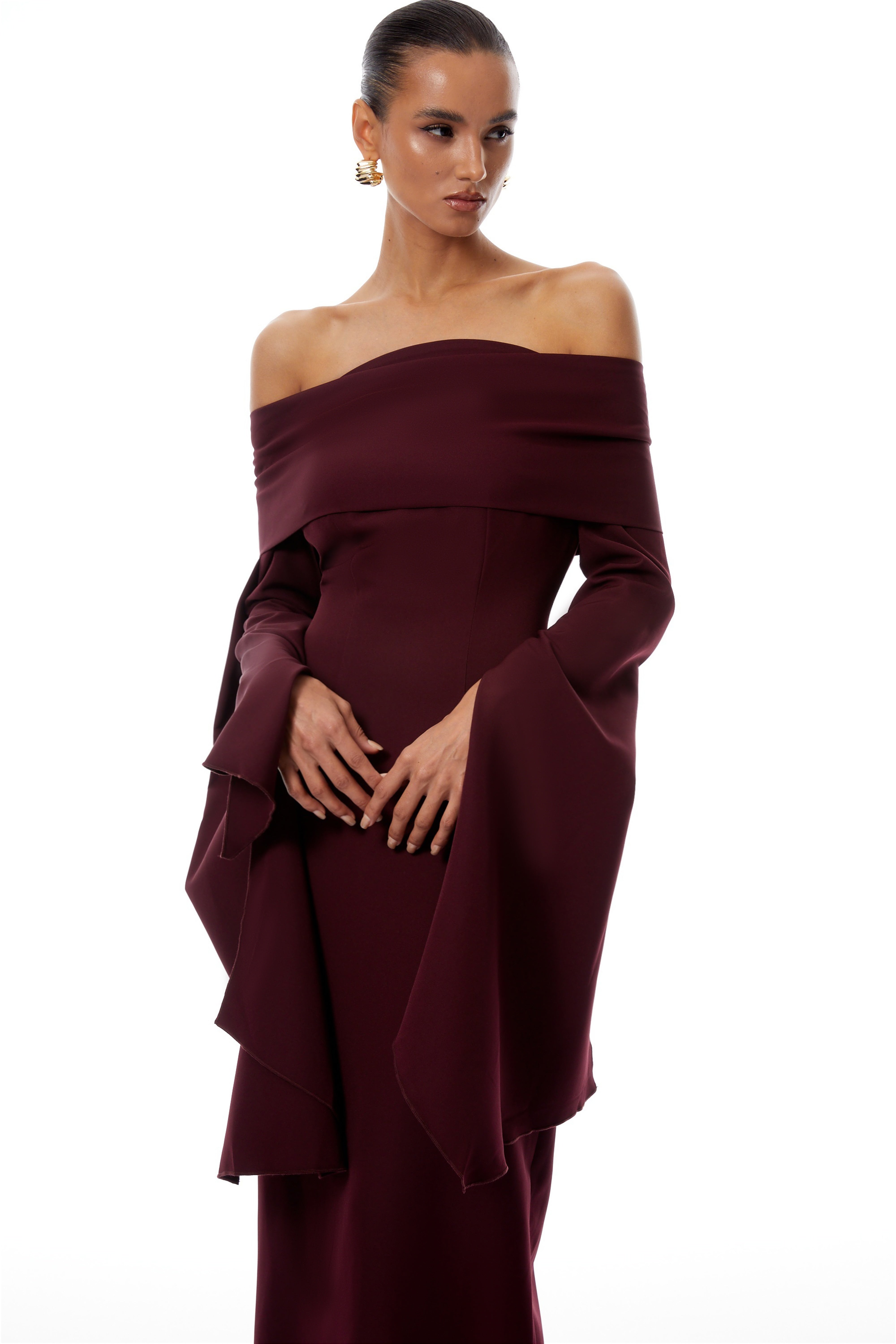 Robe longue à épaules dénudées Dorotea Burgundy (Vente définitive)