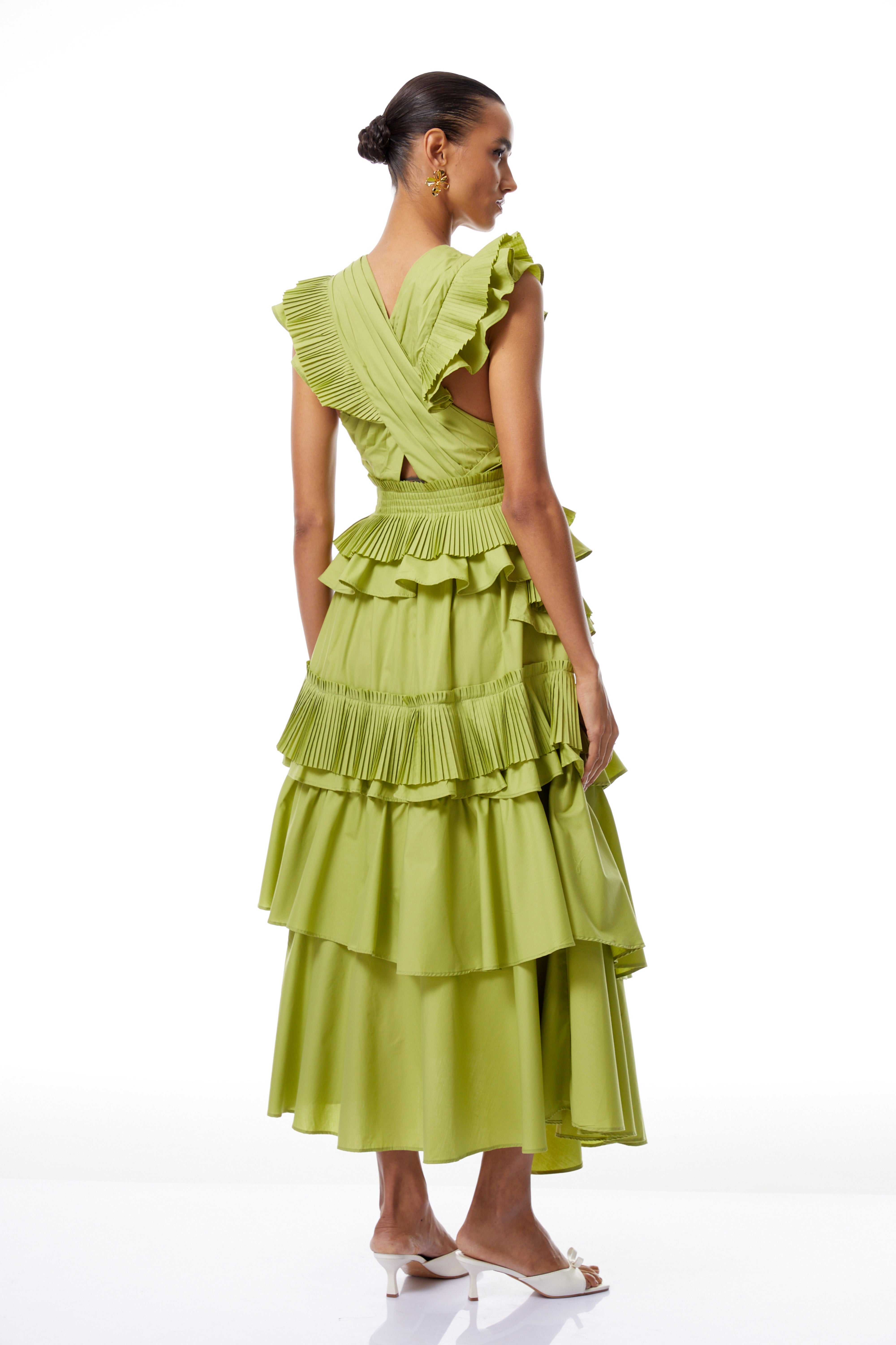 Raffaella Green Asymmetrical Ruffled Tiered Midi Dress (Final Sale)