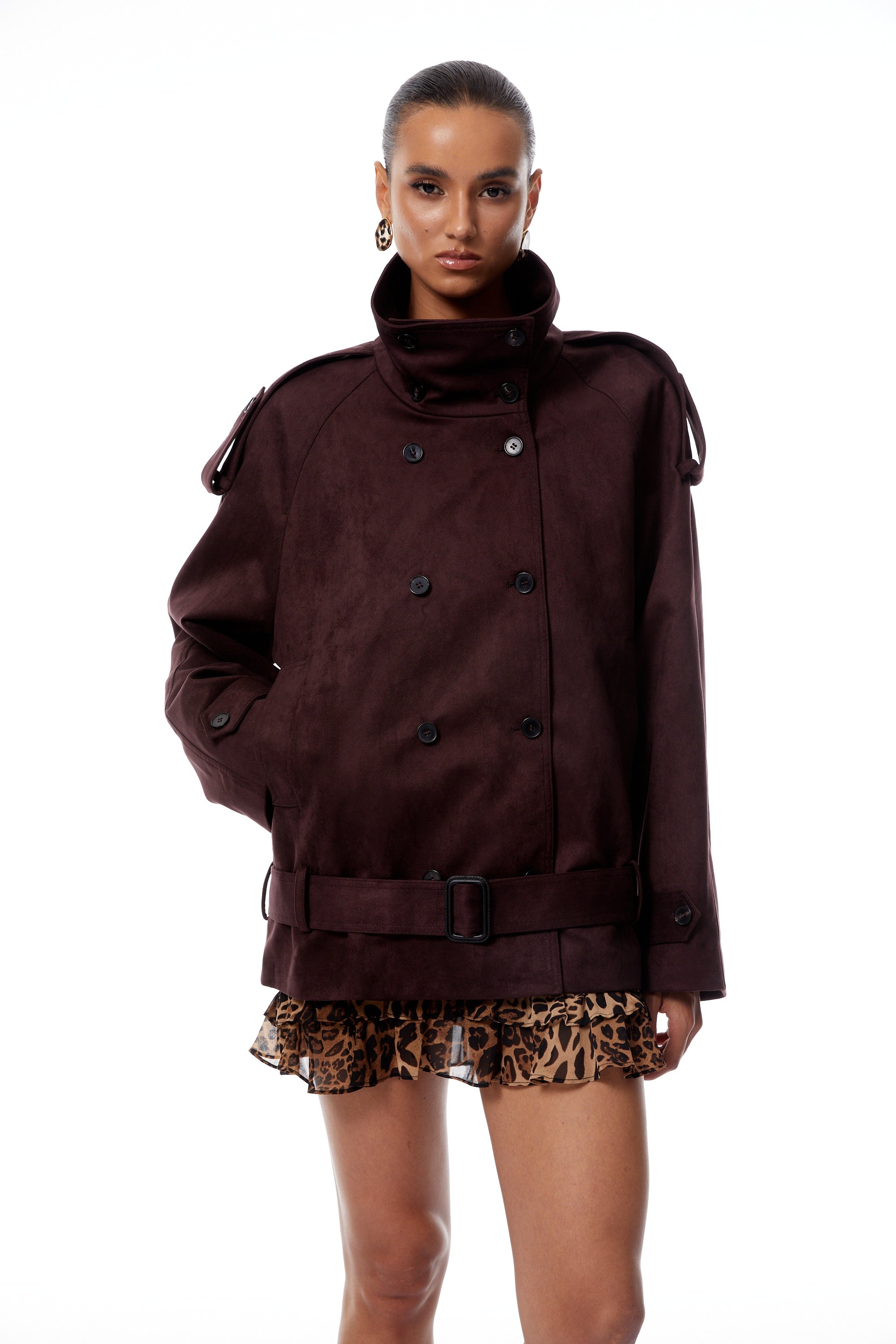 Flavia Burgundy Belted Suede Trench Coat (Final Sale)