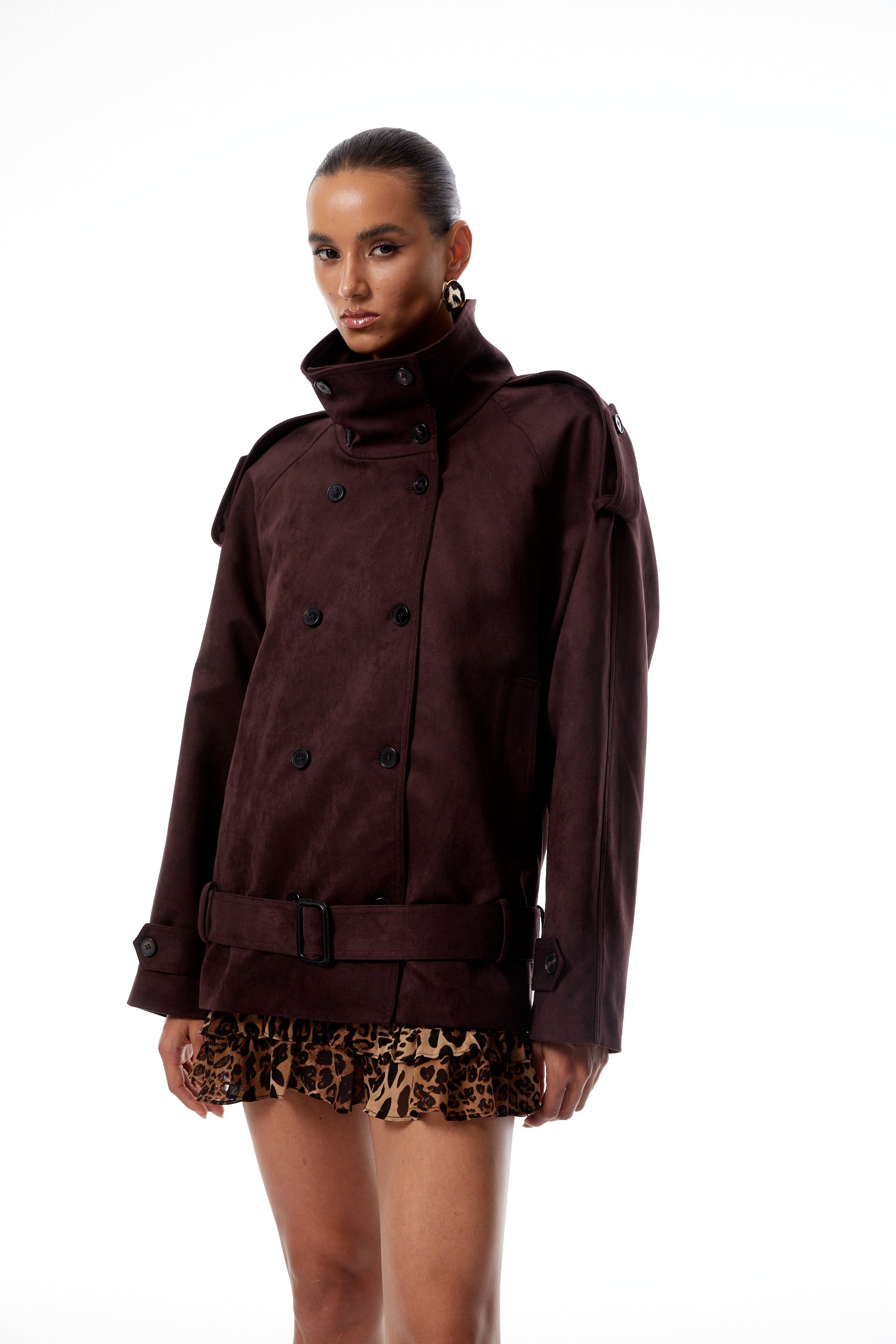 Flavia Burgundy Belted Suede Trench Coat (Final Sale)