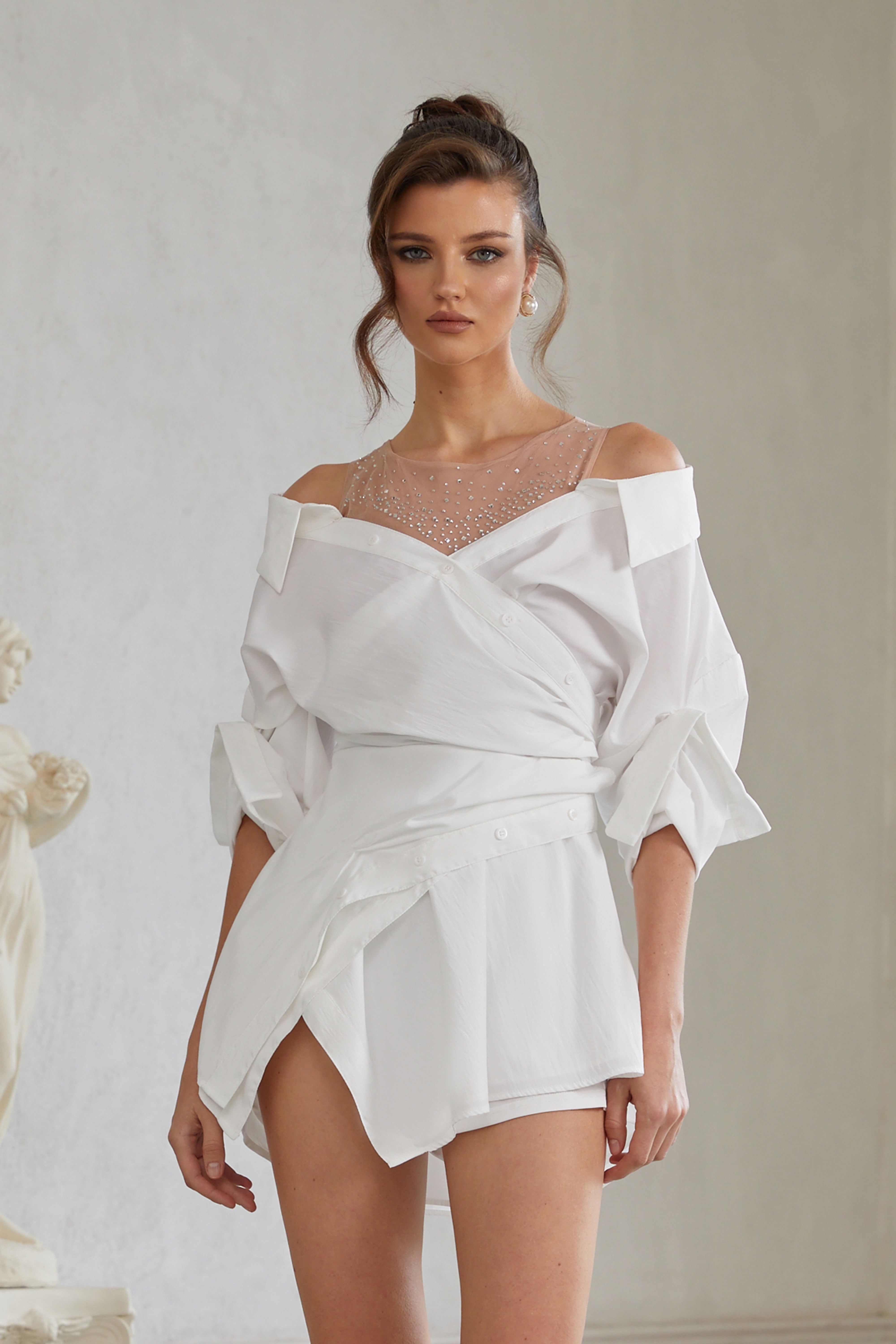 Jamie White Asymmetrical Gathered Mini Shirt Dress (Final Sale-US Only)