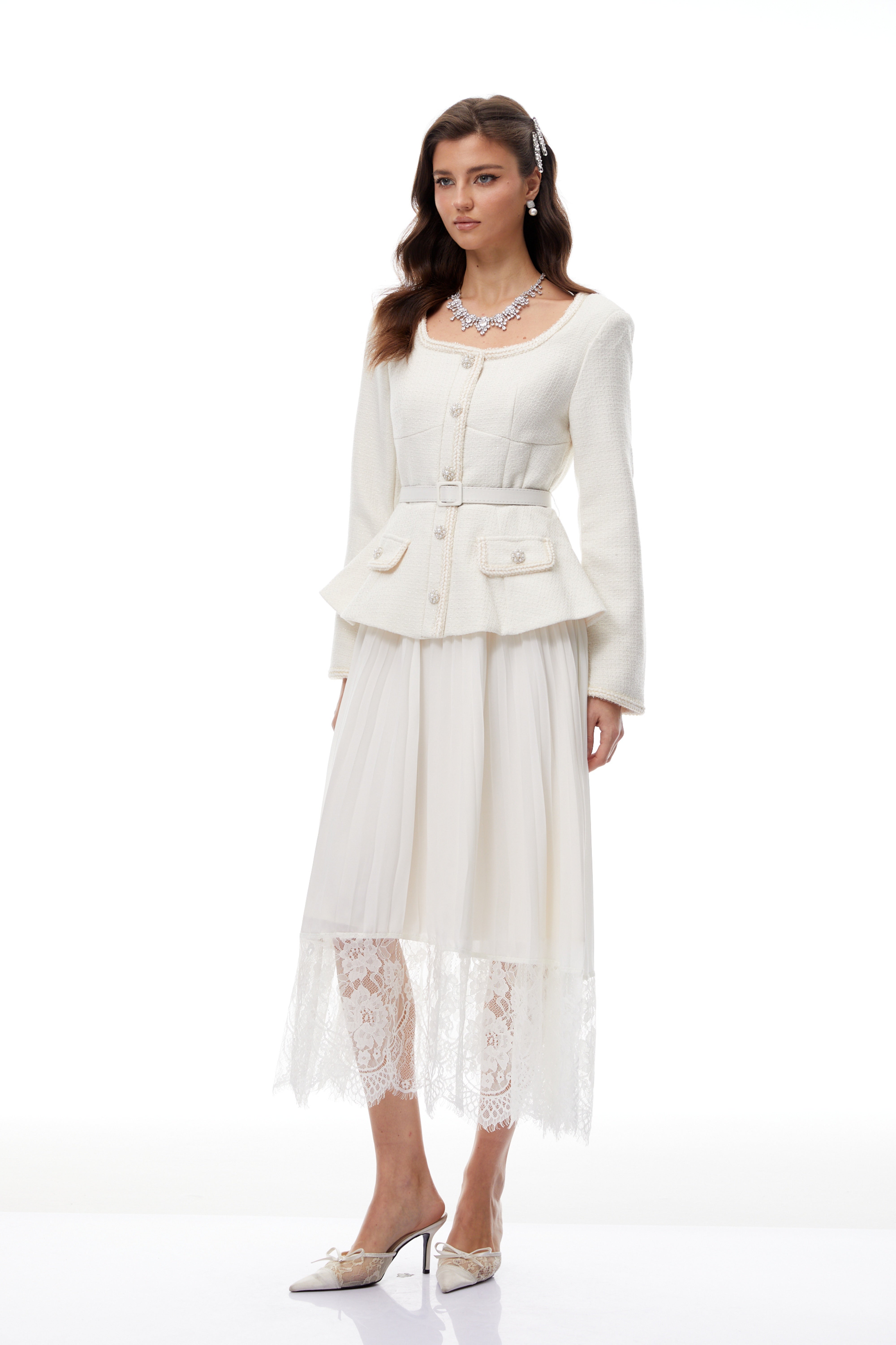 Iver White Lace Panel Tweed Midi Dress (Final Sale-US Only)