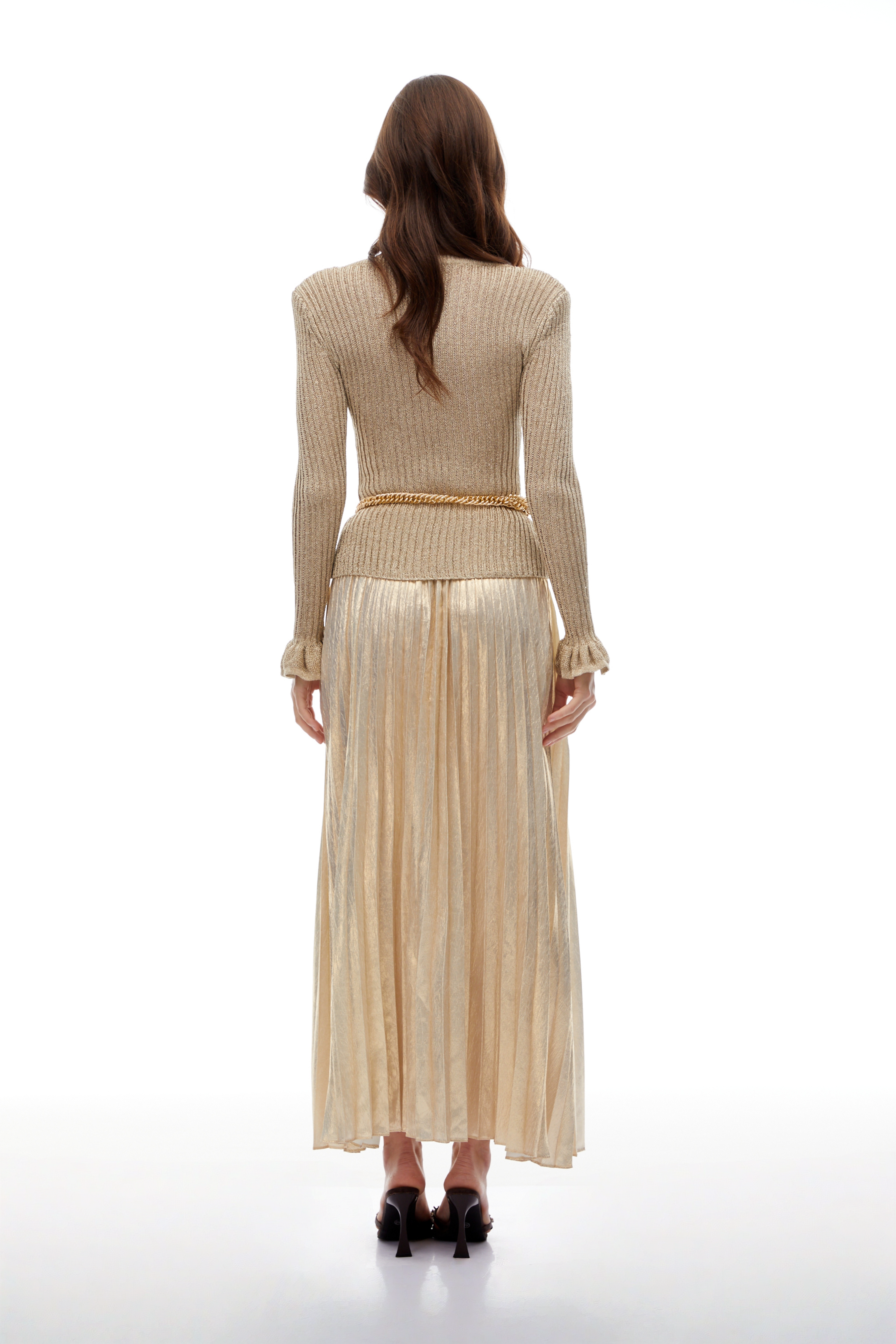 Gold Lurex Ribbed-knit Plissé Maxi Dress