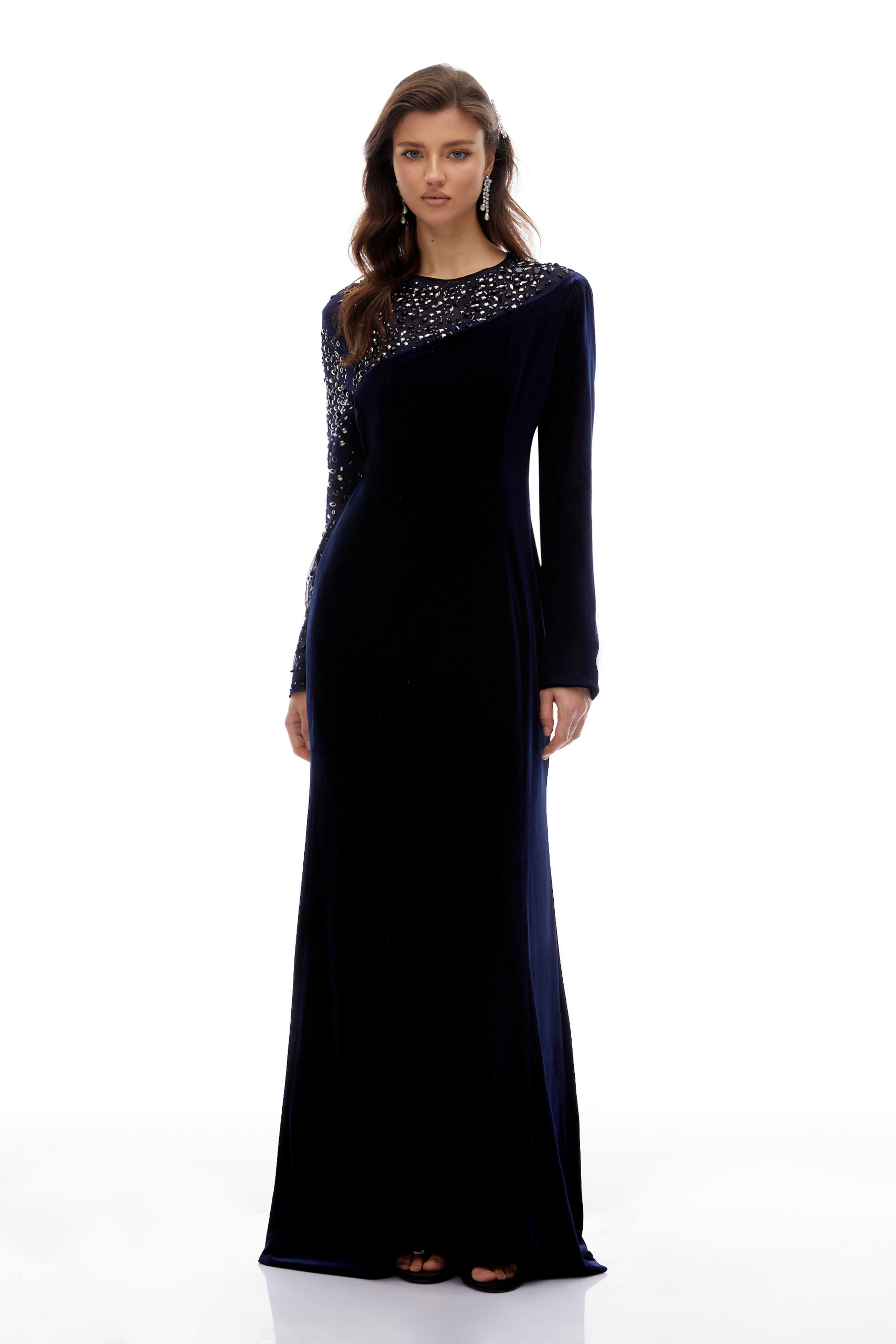 Rosemary Blue Embellished Velvet Maxi Gown (Final Sale-US Only)
