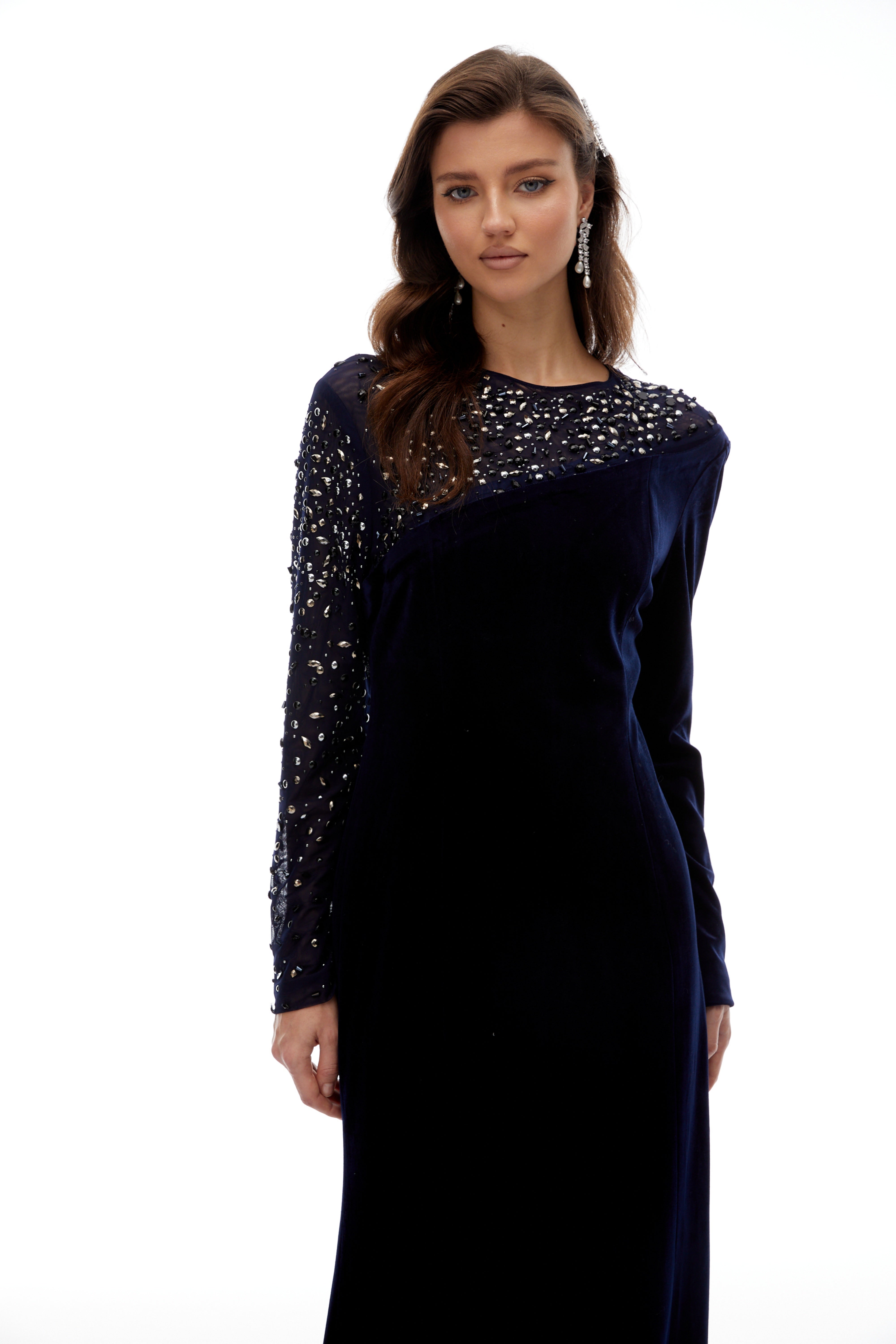 Rosemary Blue Embellished Velvet Maxi Gown (Final Sale-US Only)