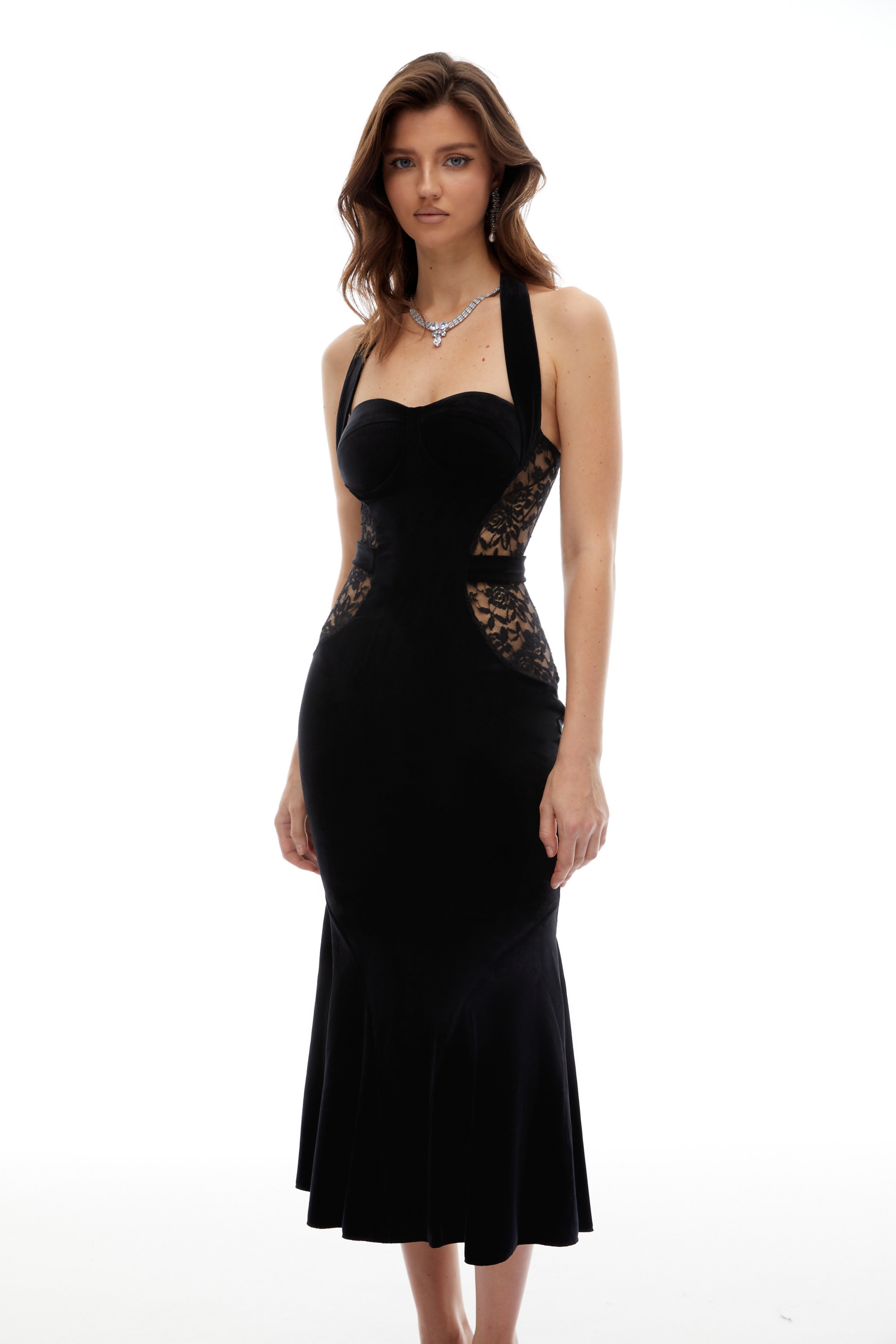 Robe mi-longue en velours avec empiècements en dentelle noire Tove (Vente définitive)