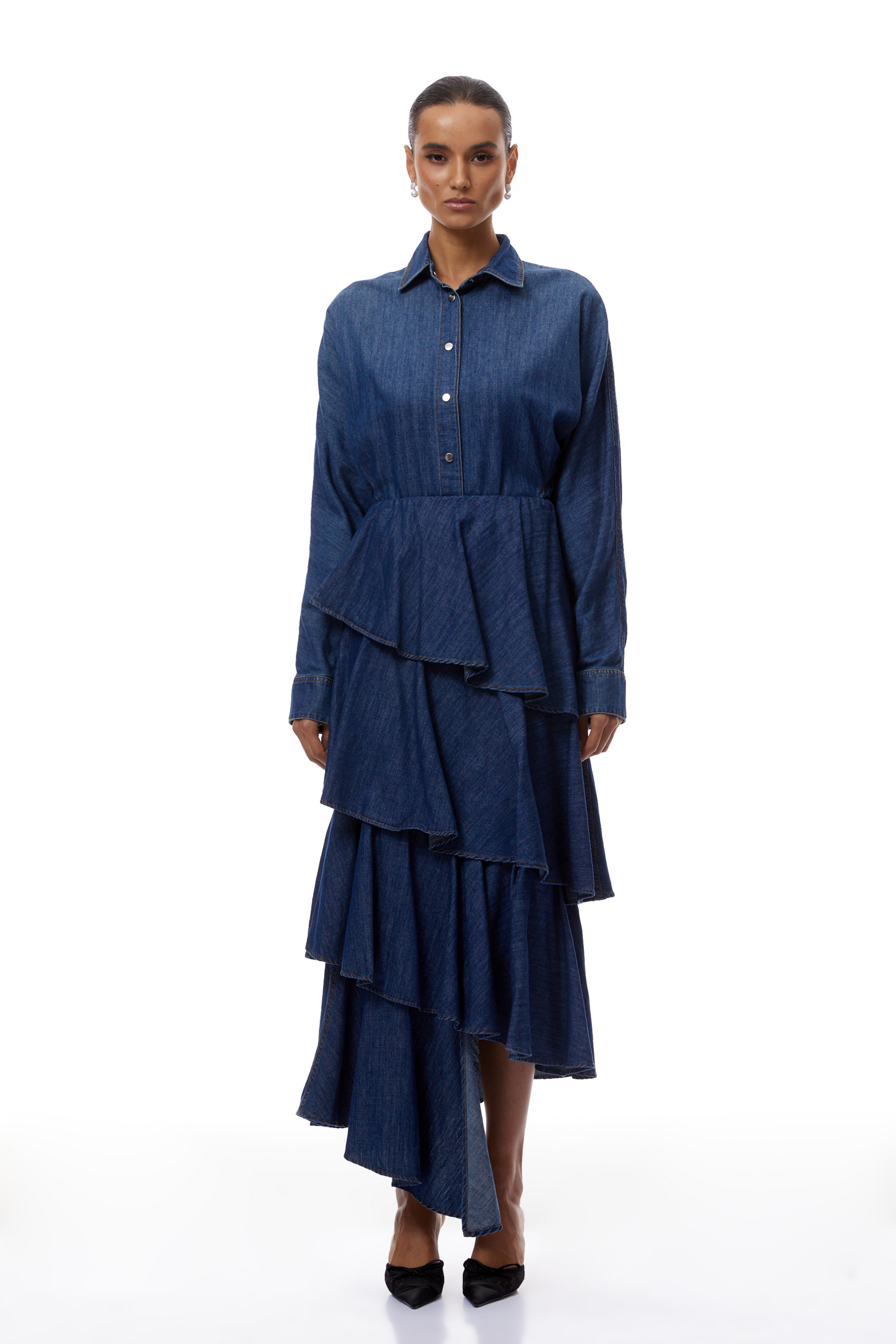 Geneviève Blue Denim Shirt & Tiered Skirt Set (Final Sale)