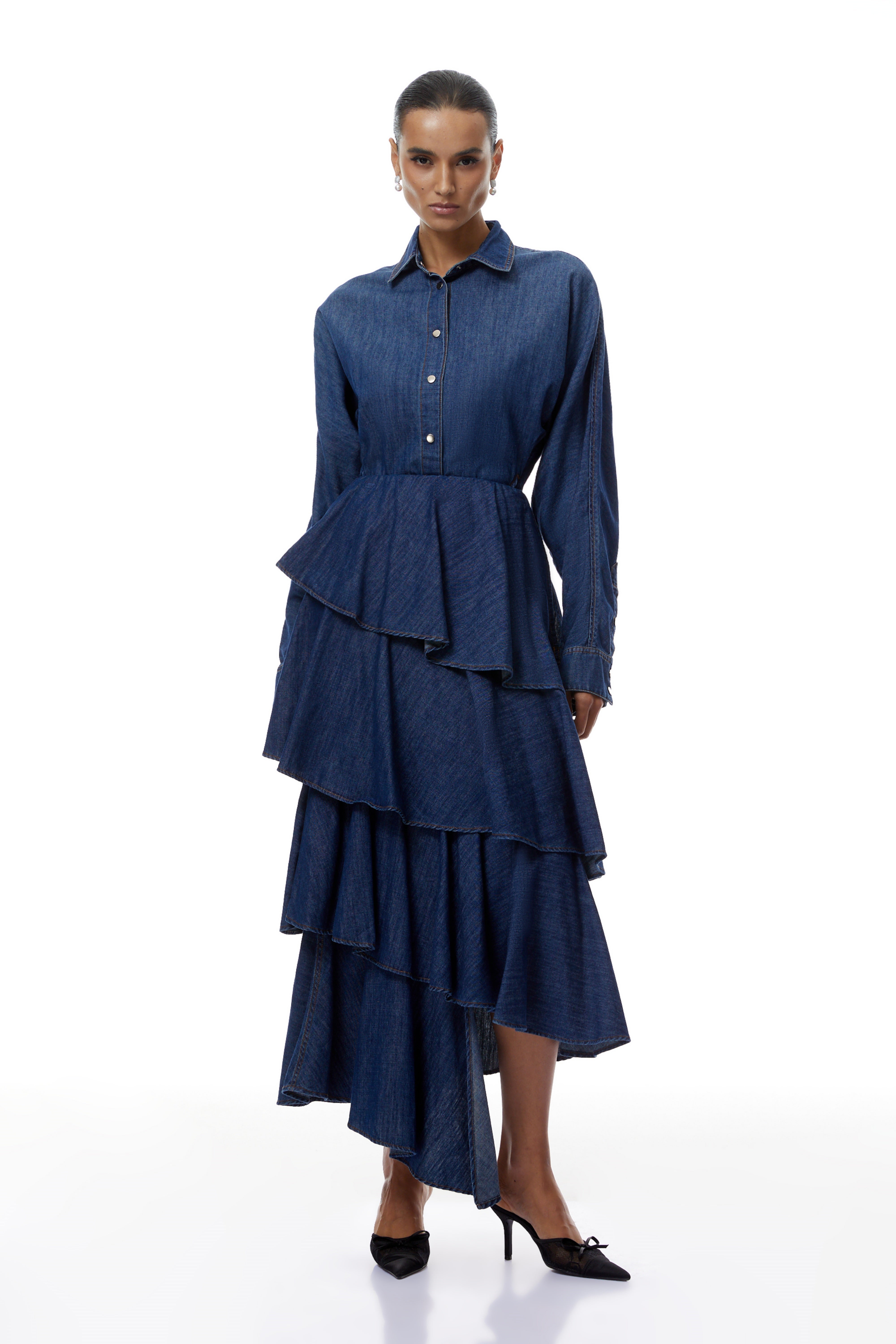 Geneviève Blue Denim Shirt & Tiered Skirt Set (Final Sale)