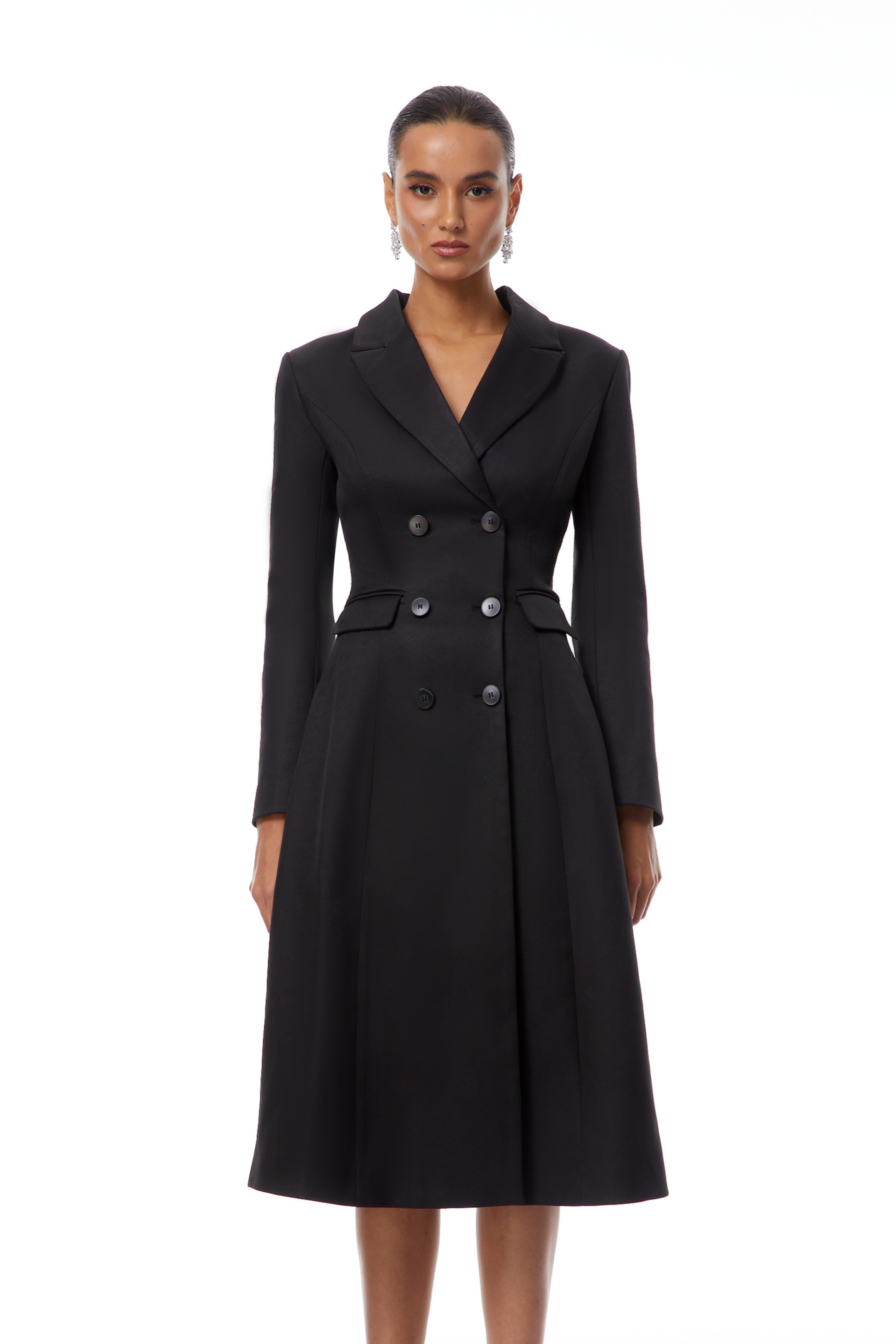 Ortensia Black Double-Breasted Coat Inspired Midi Dress (Final Sale-US Only)