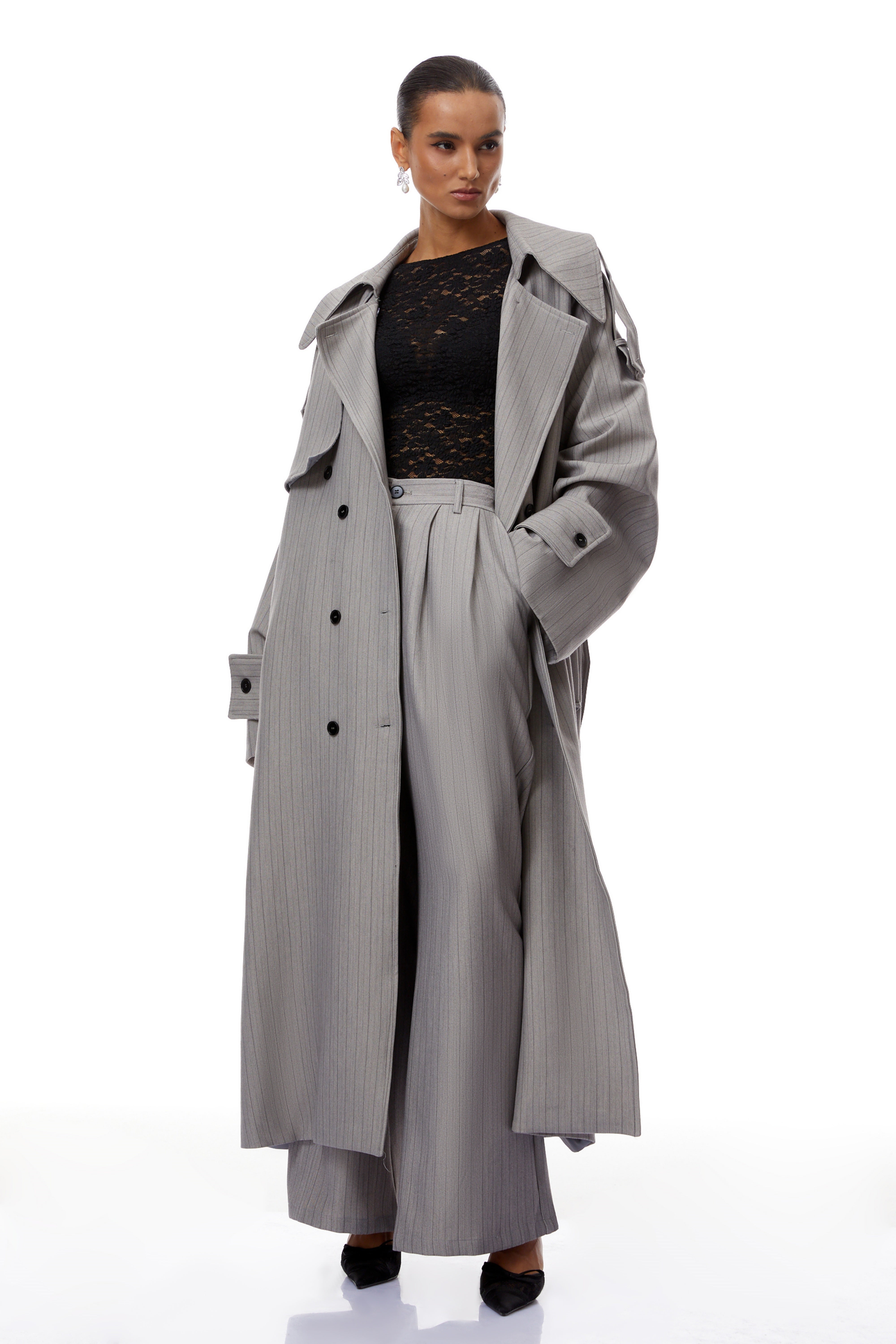 Clémence Grey Striped Trench Coat & Trousers Set (Final Sale)