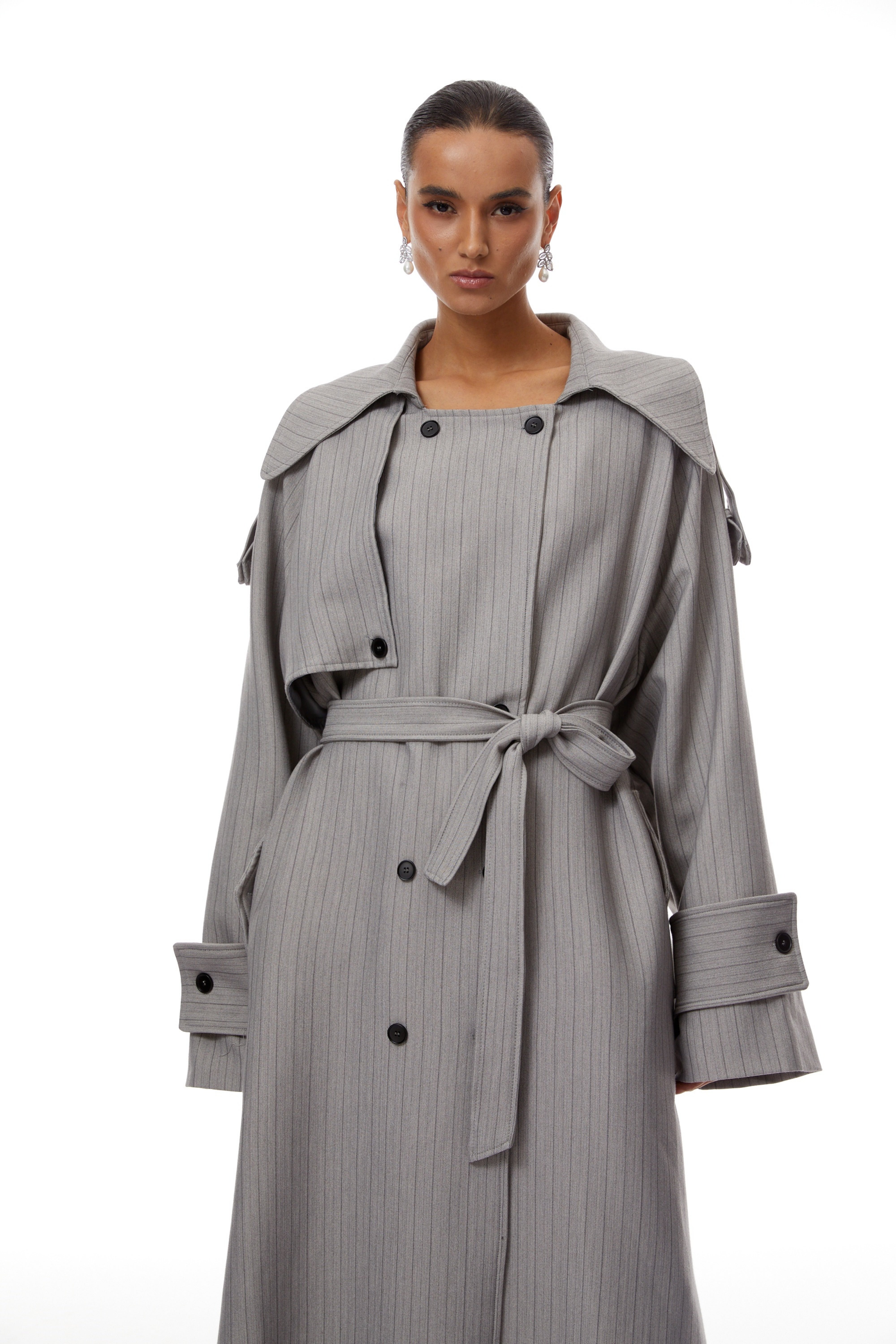 Clémence Grey Striped Trench Coat & Trousers Set (Final Sale)