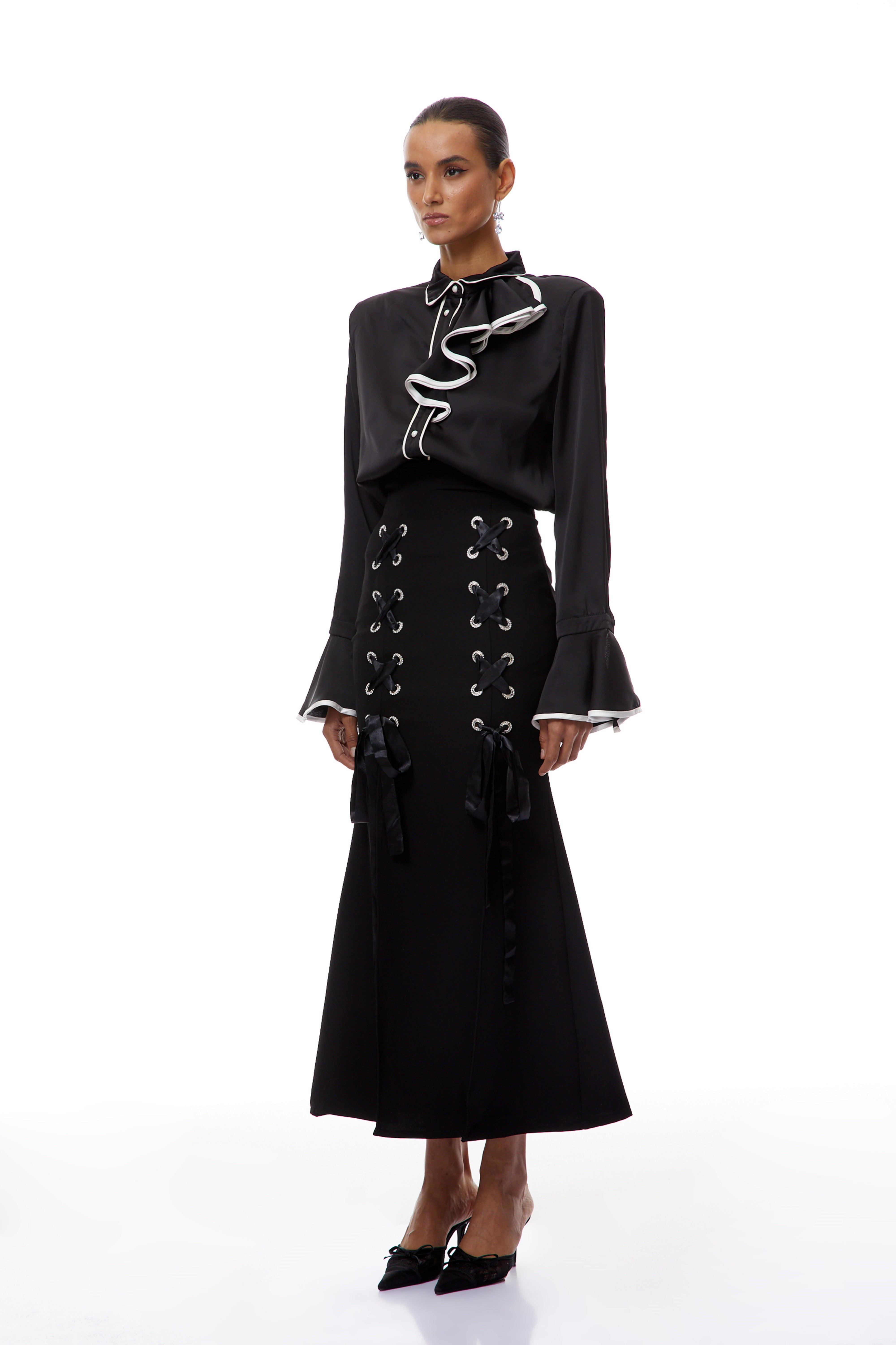 Cornelia Black Ruffled Blouse & Lace Up Skirt Set (Final Sale-US Only)