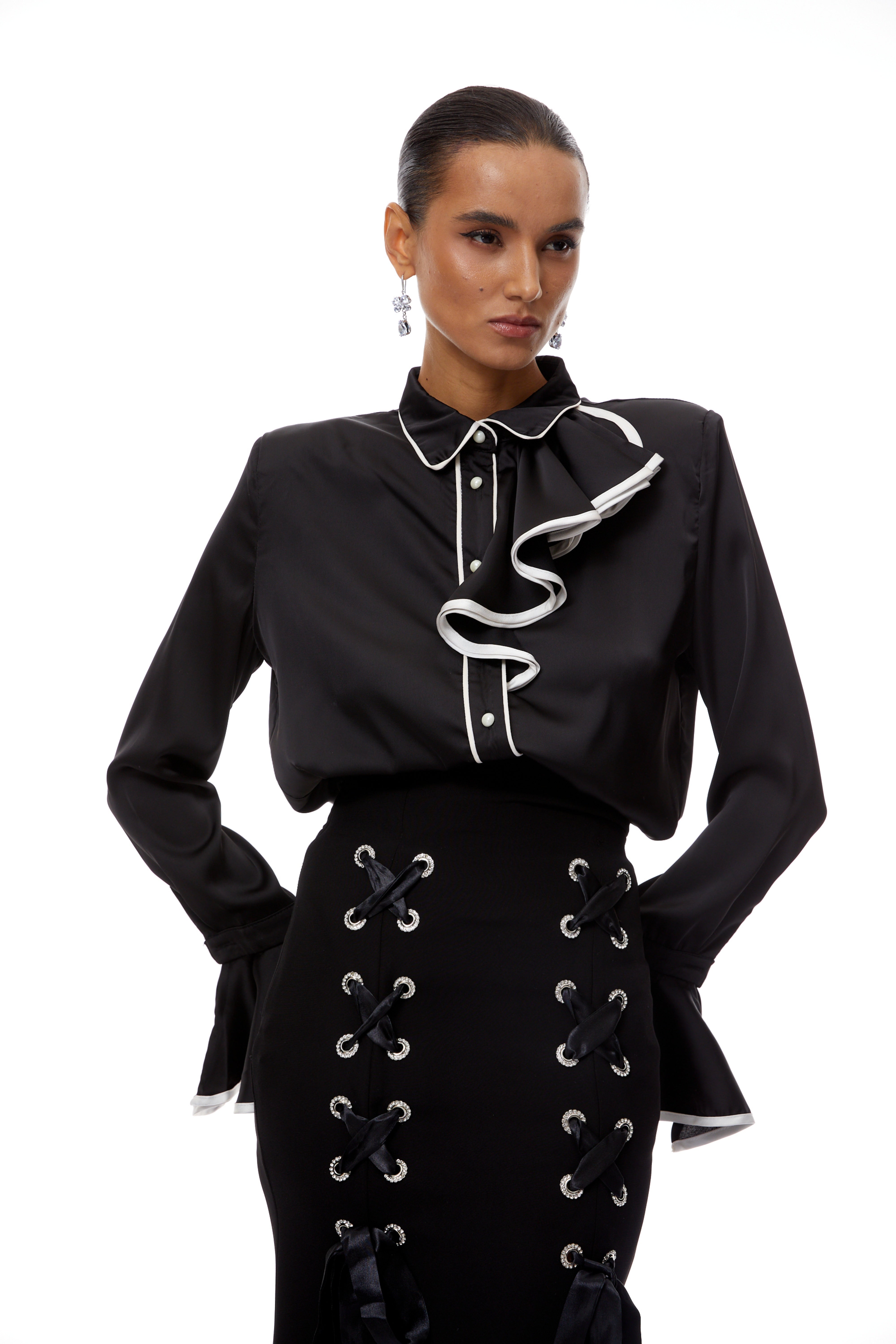 Cornelia Black Ruffled Blouse & Lace Up Skirt Set (Final Sale-US Only)