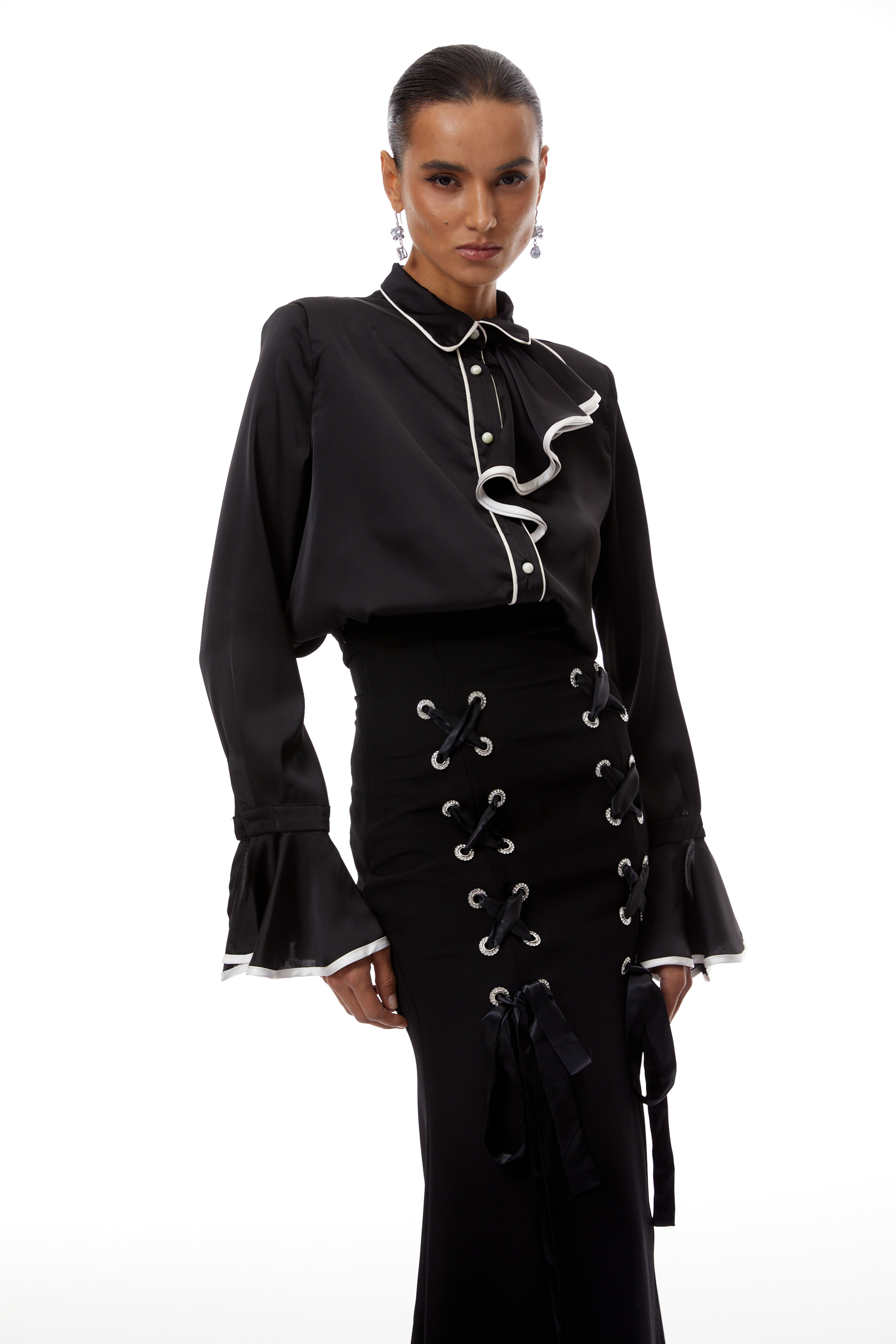Cornelia Black Ruffled Blouse & Lace Up Skirt Set (Final Sale-US Only)