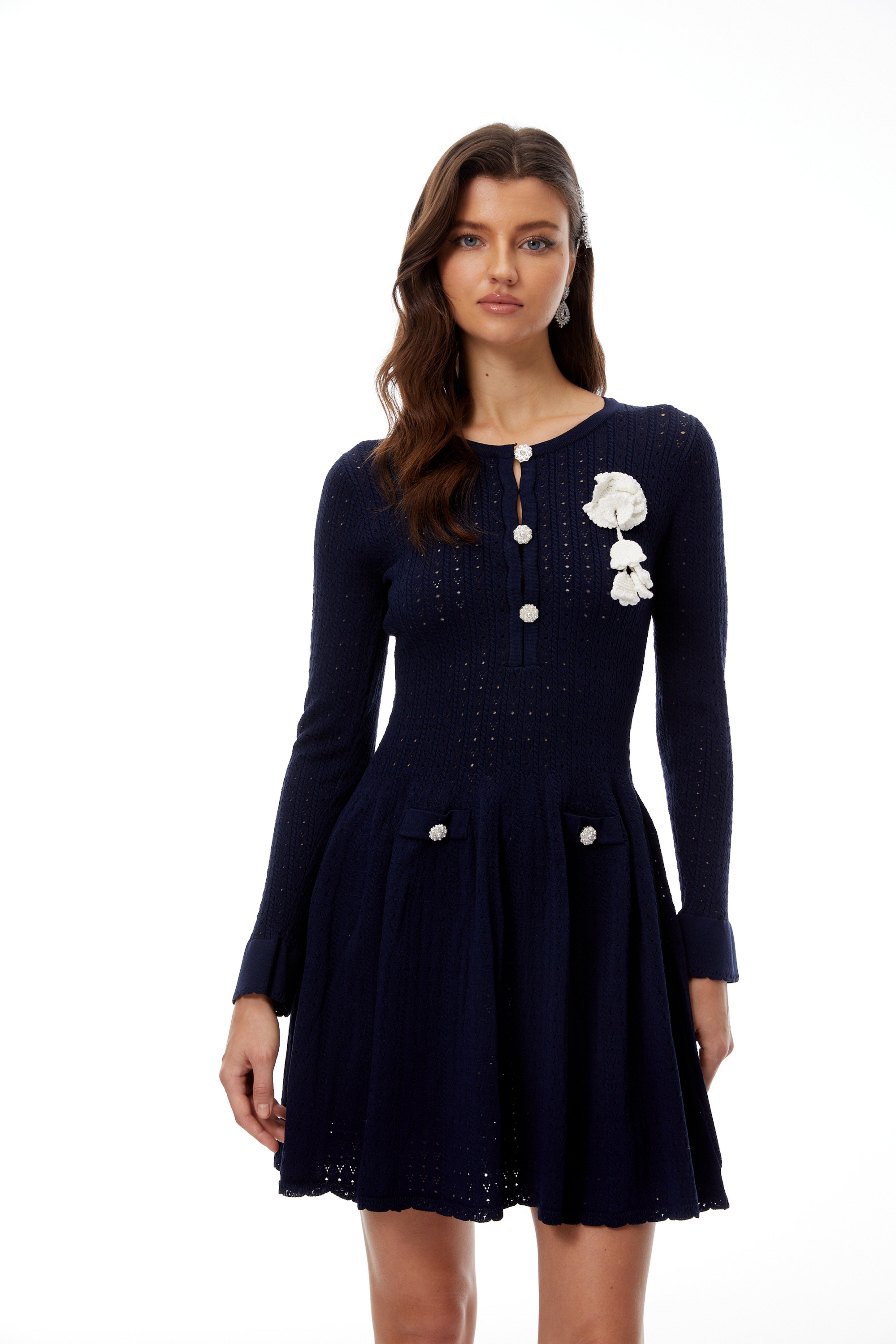 Mini-robe en maille pointelle bleu marine Roxane