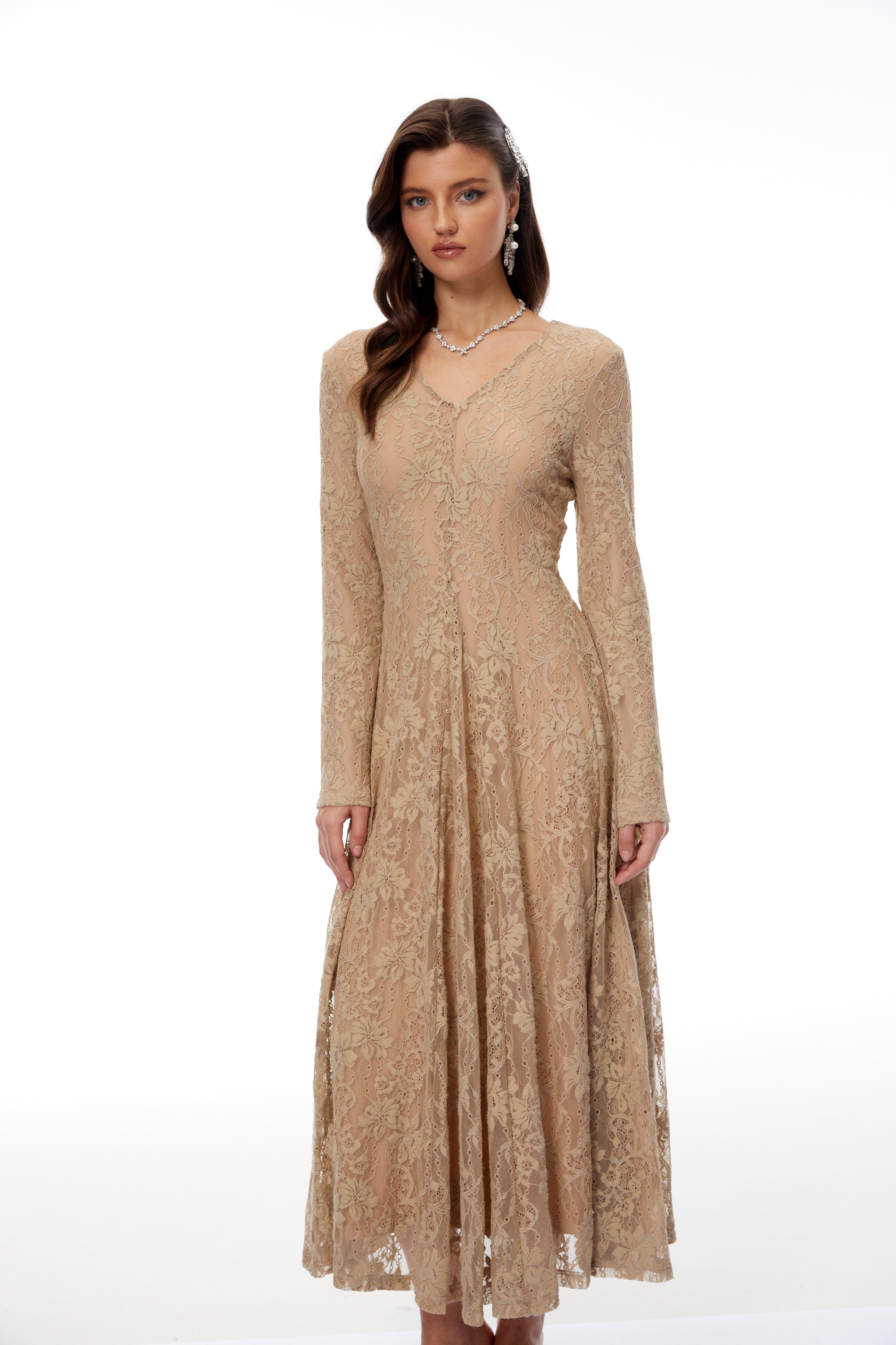 Fernanda Neutral Floral Lace Midi Dress (Final Sale)