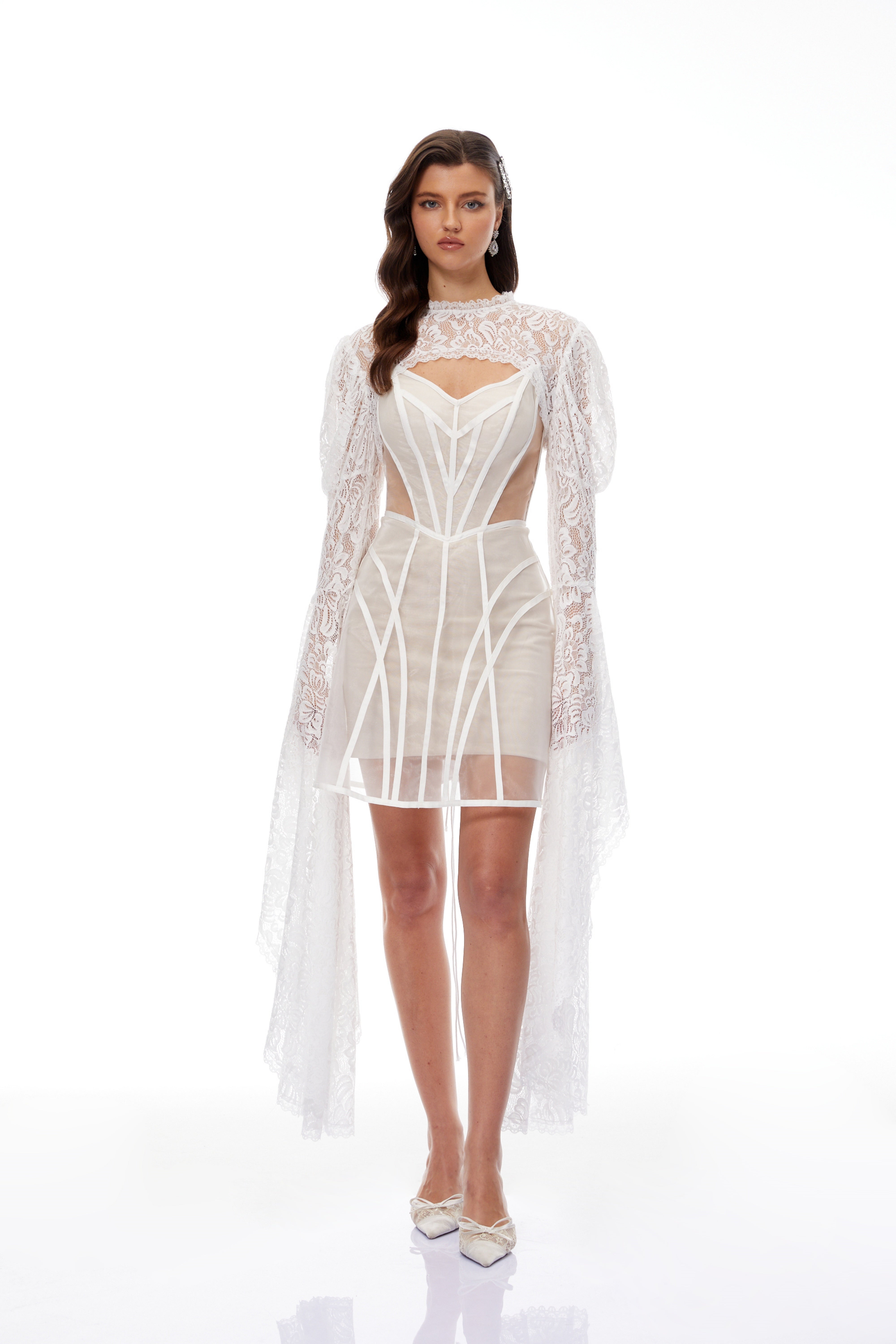 Ilaria White Lace Shrug & Linear Organza Dress Set  (Final Sale)