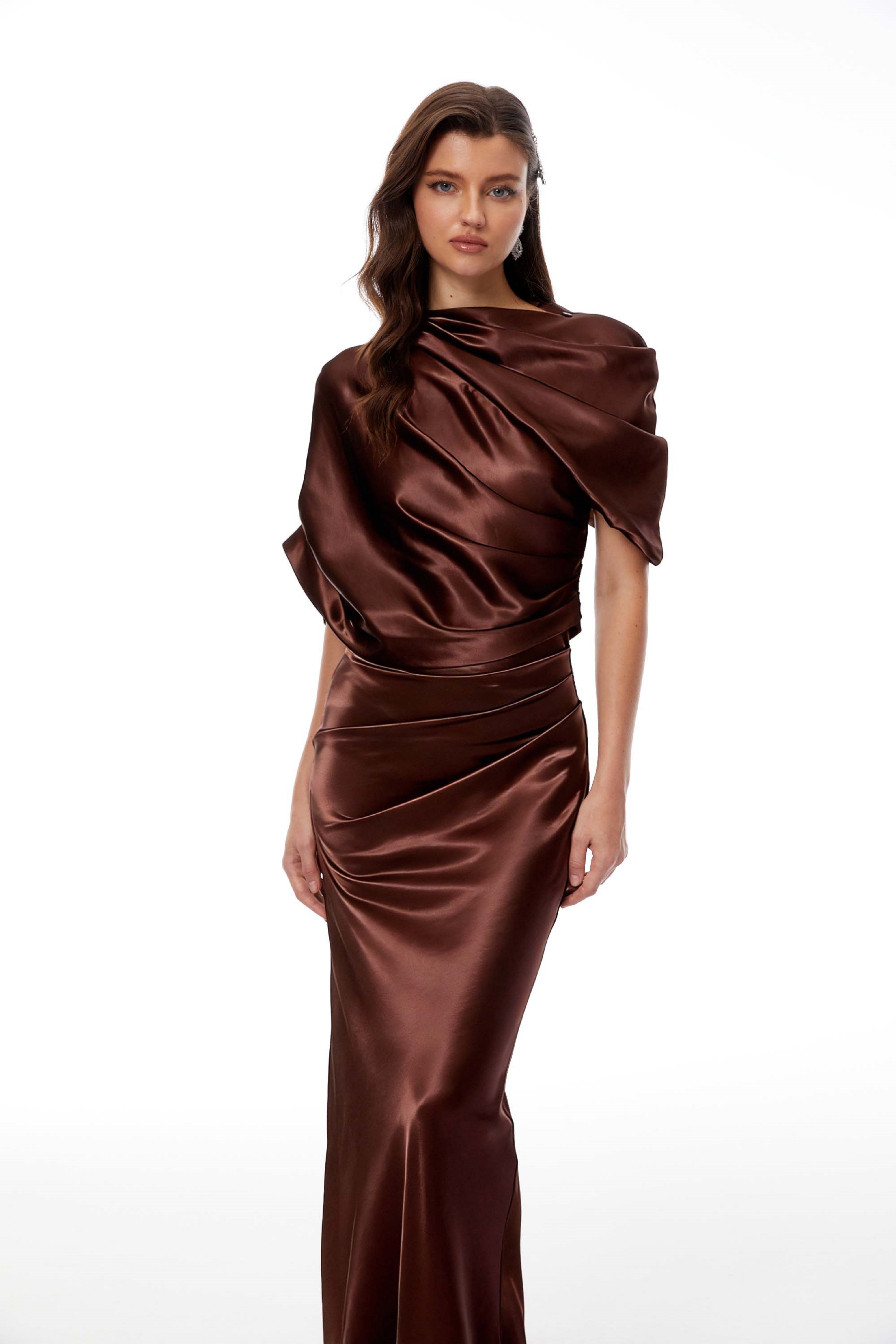 Asymmetrical Gathered Satin Maxi Dress