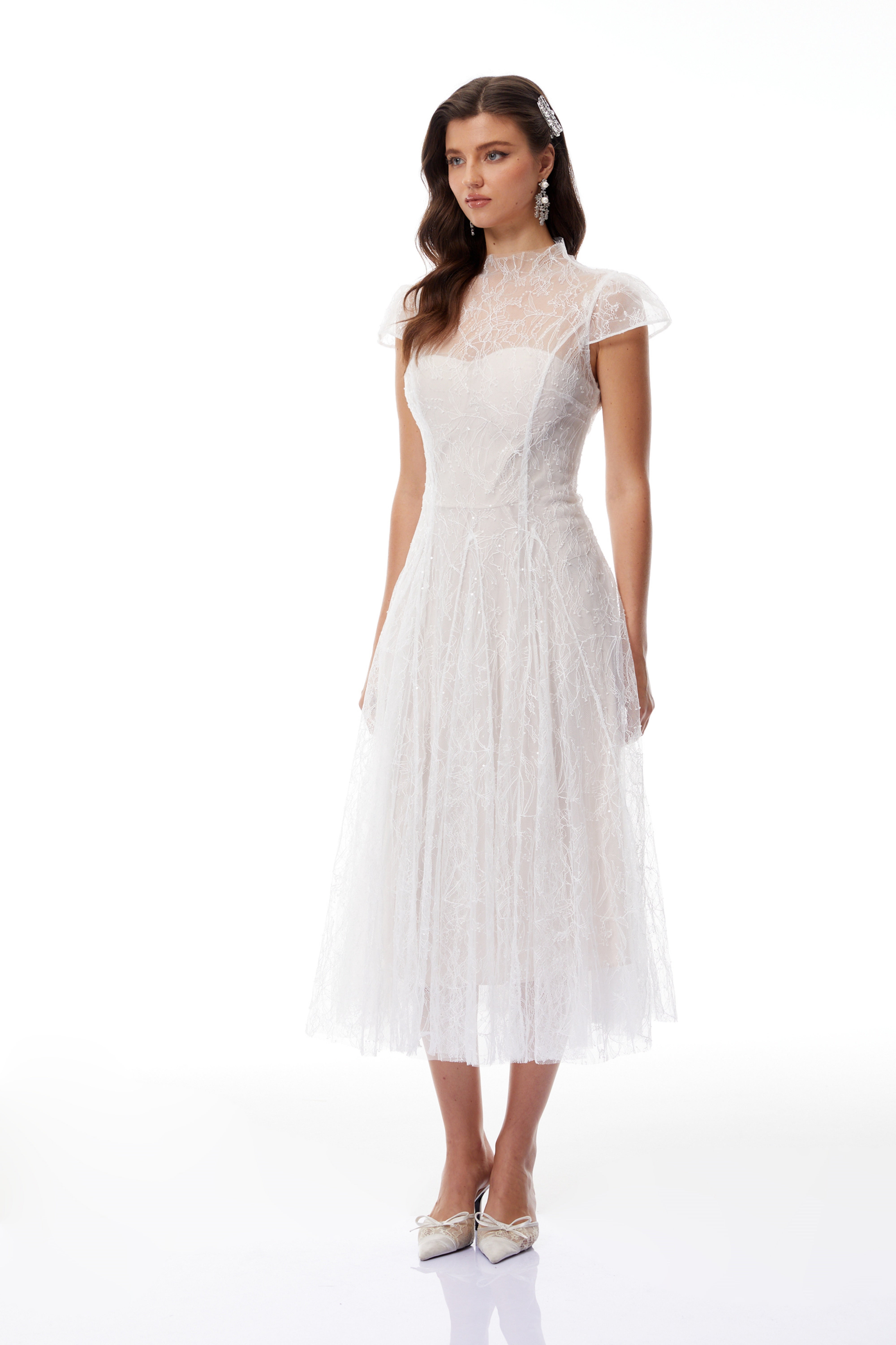 Robe longue Velia en tulle pailleté et dentelle blanche (vente définitive)