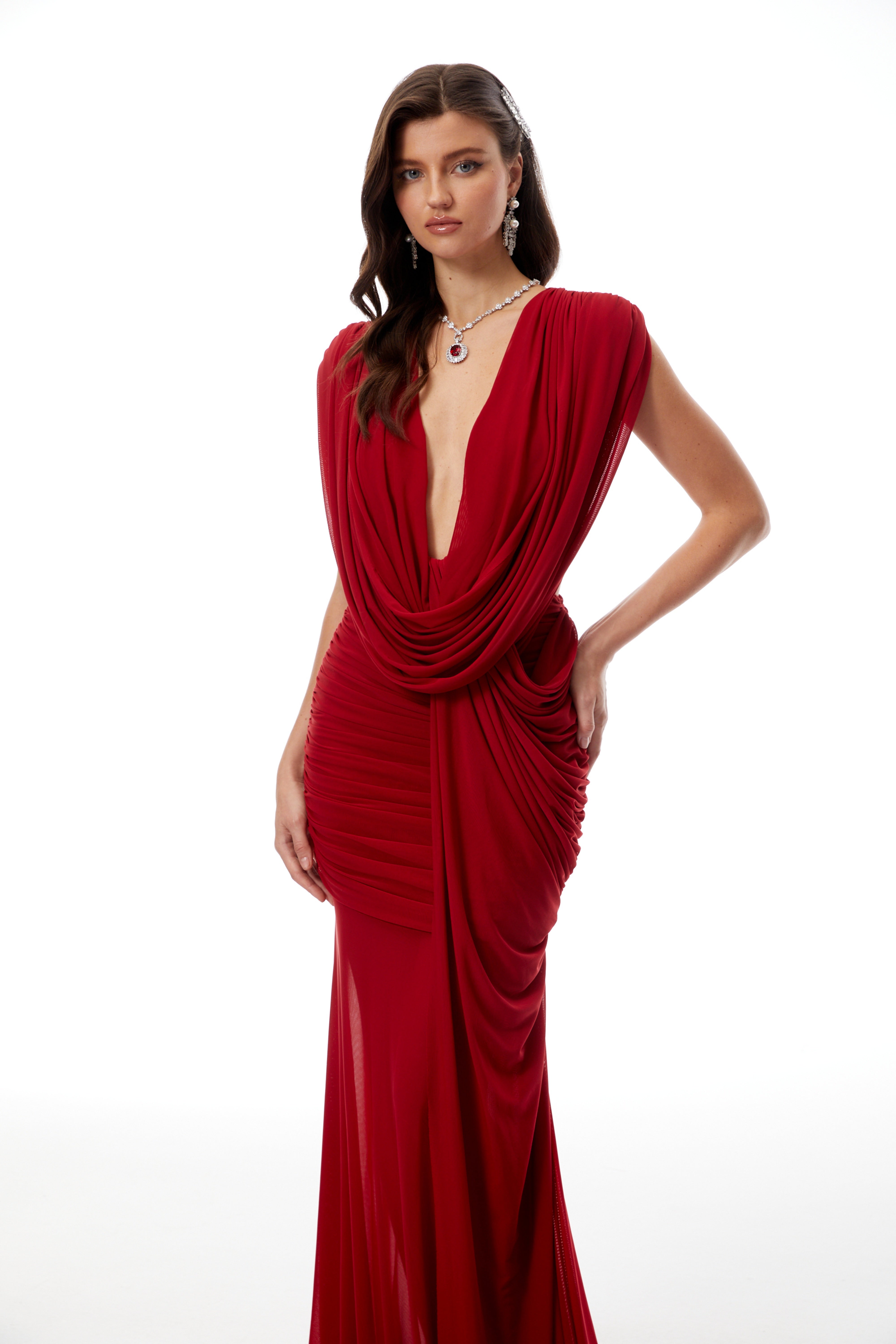 Robe longue drapée asymétrique Fíona Red