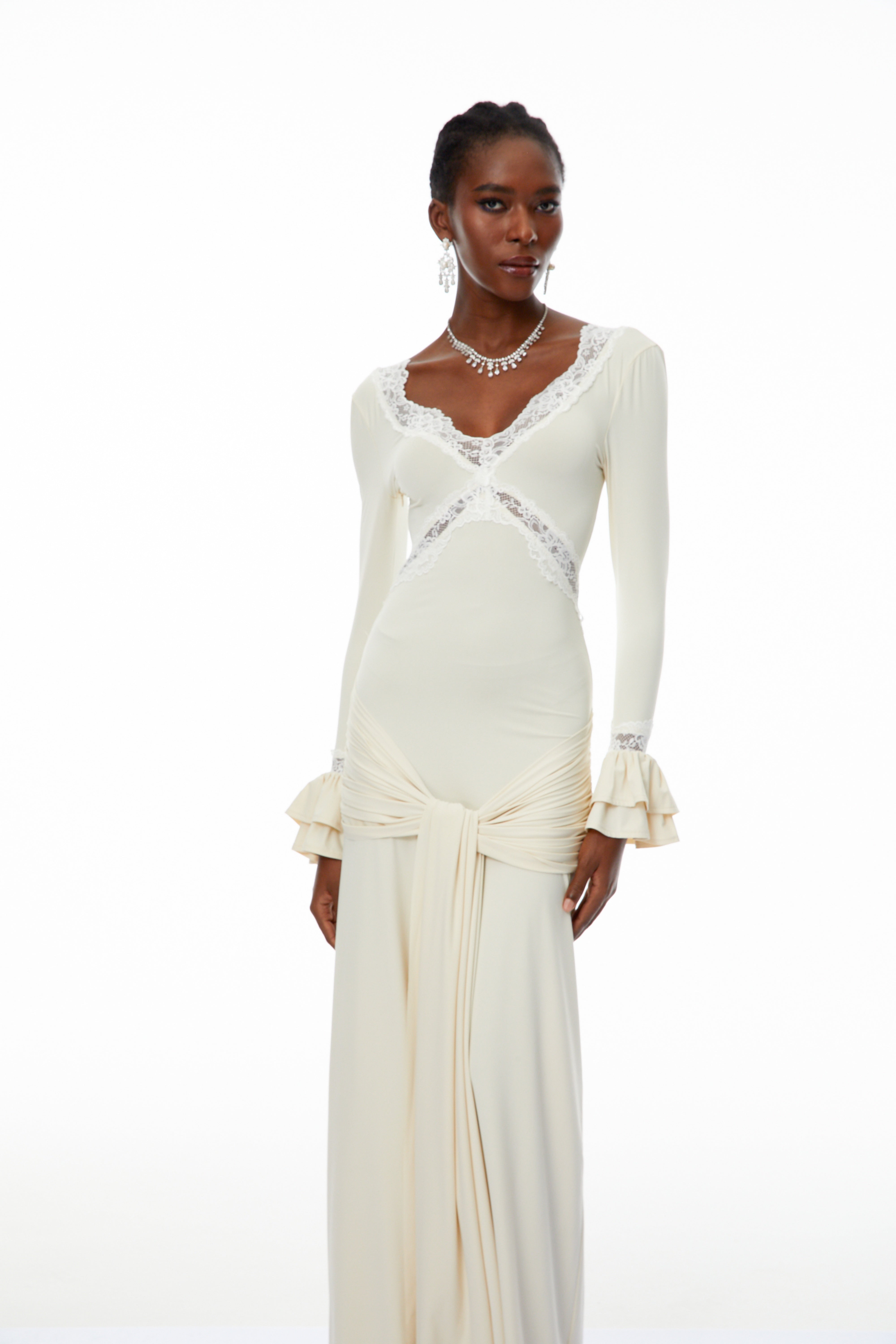 Tonina White Lace Trim Twisted Maxi Dress (Final Sale-US Only)