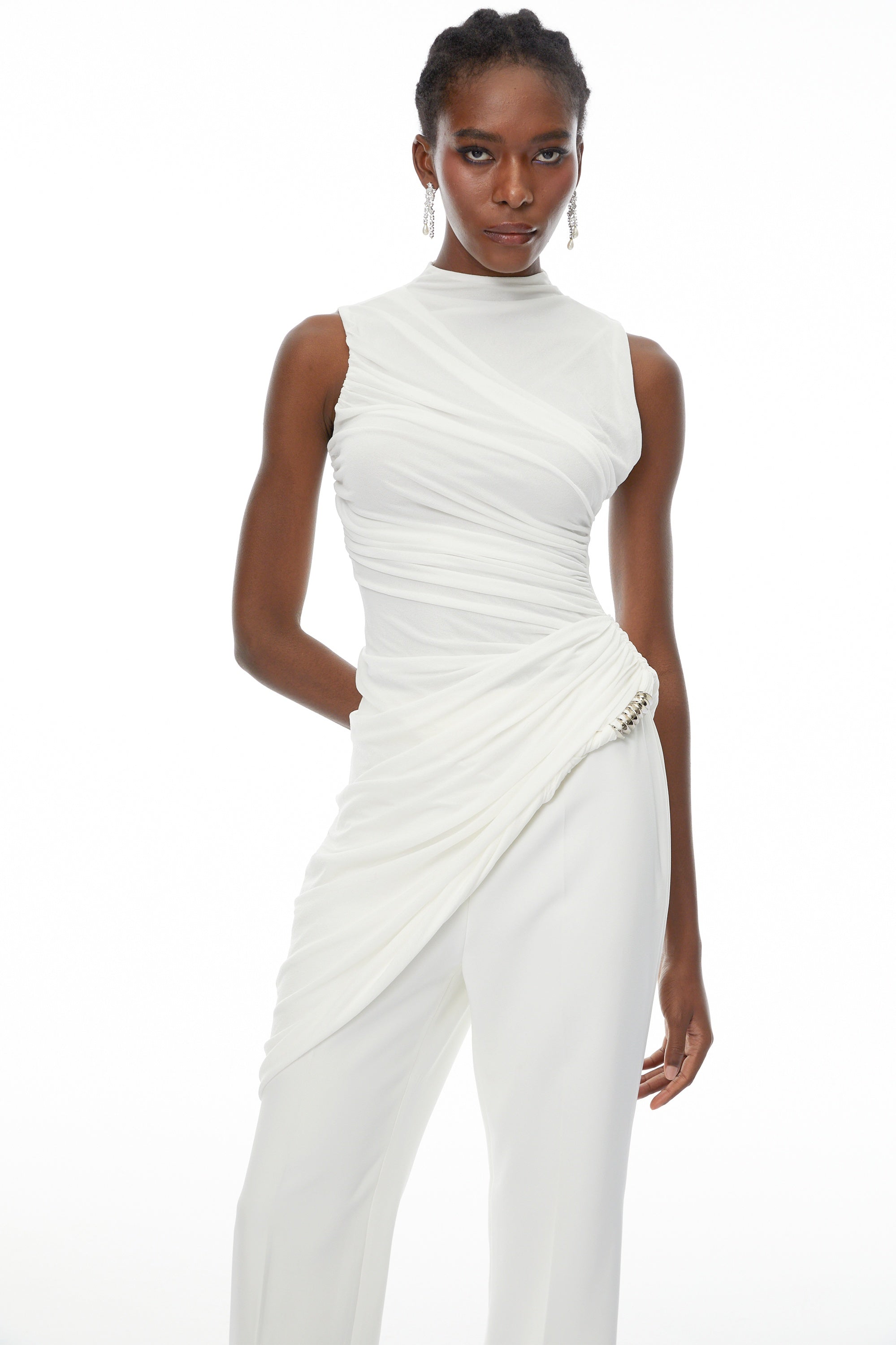 Camille White Asymmetrical Gathered Top & Trousers Set